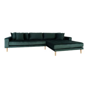 Alternative view of Lido Loungesofa, højrevendt i mørkegrøn velour med fire puder og natur træben, HN1006