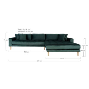 Lido Loungesofa, højrevendt i mørkegrøn velour med fire puder og natur træben, HN1006 - Billede 4