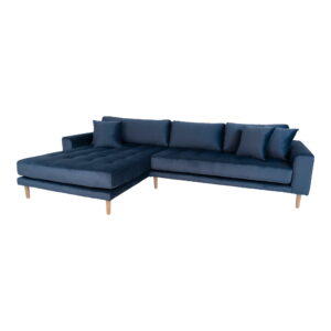 Alternative view of Lido Loungesofa, venstrevendt i mørkeblå velour med fire puder og natur træben, HN1005
