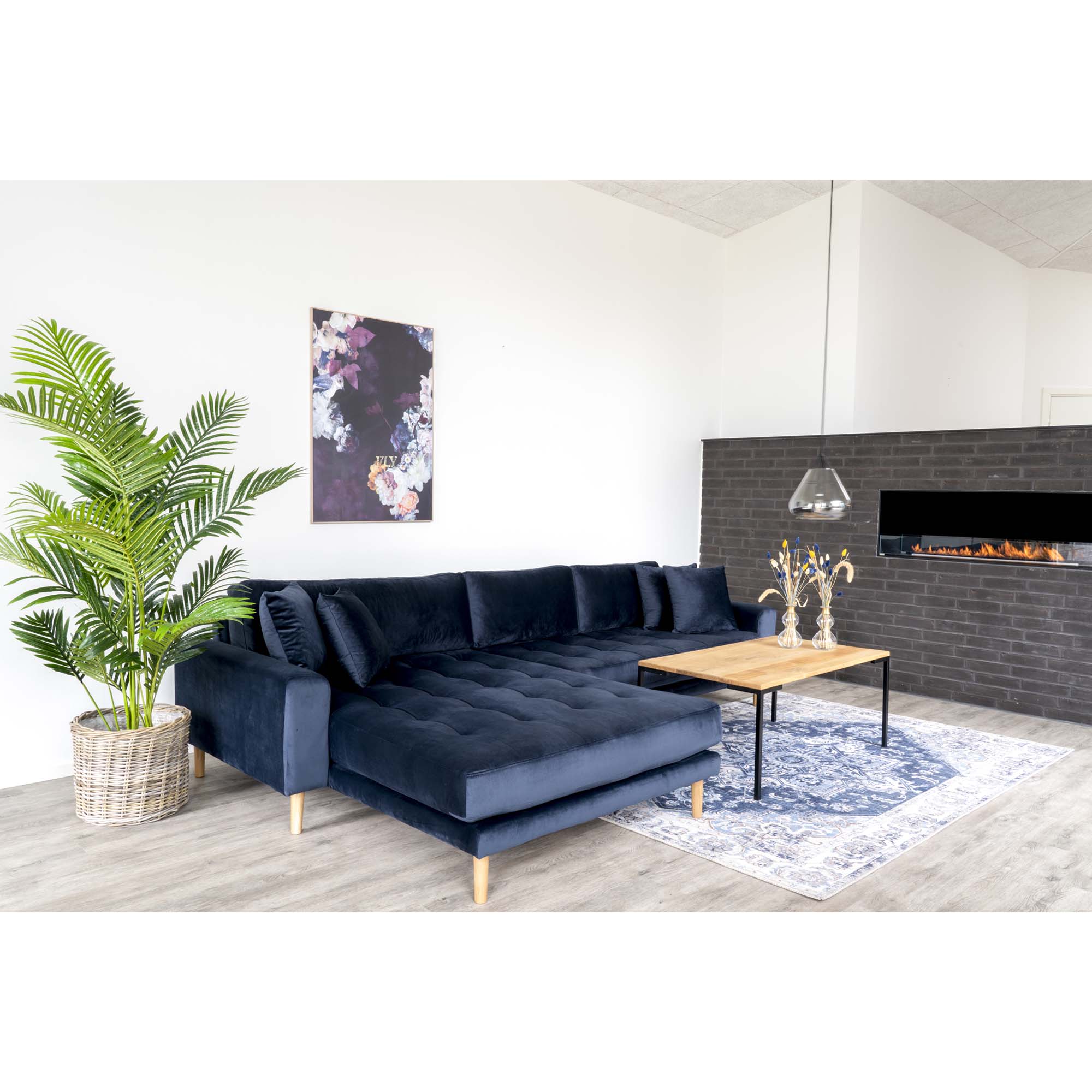 Lido Loungesofa, venstrevendt i mørkeblå velour med fire puder og natur træben, HN1005 - Billede 6