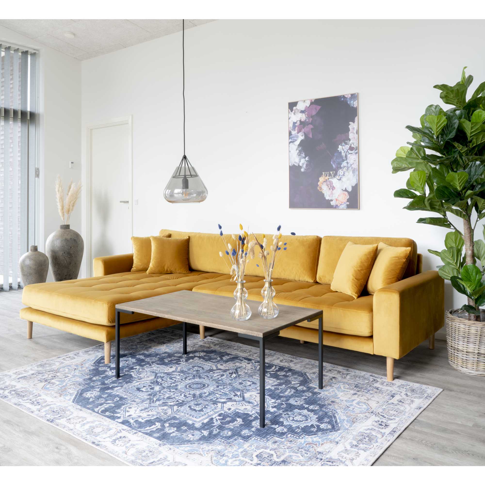 Lido Loungesofa, venstrevendt i sennepsgul velour med fire puder og natur træben, HN1004 - Billede 5