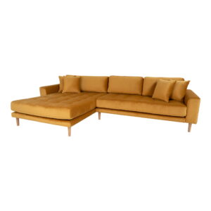 Alternative view of Lido Loungesofa, venstrevendt i sennepsgul velour med fire puder og natur træben, HN1004