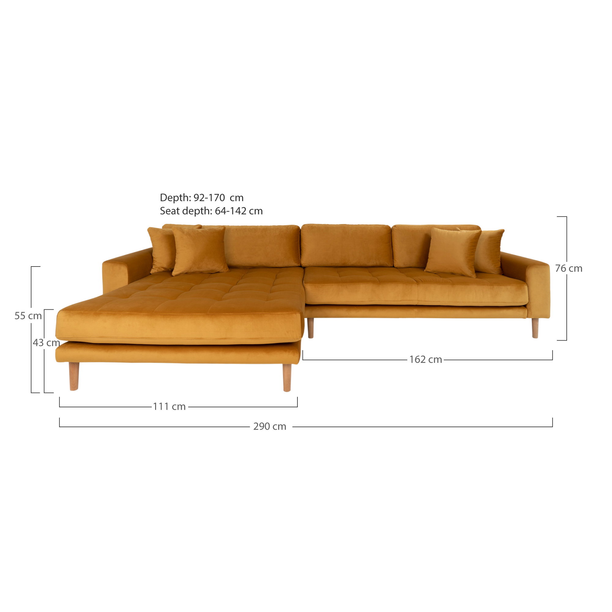 Lido Loungesofa, venstrevendt i sennepsgul velour med fire puder og natur træben, HN1004 - Billede 4