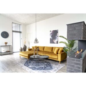 Lido Loungesofa, venstrevendt i sennepsgul velour med fire puder og natur træben, HN1004 - Billede 6
