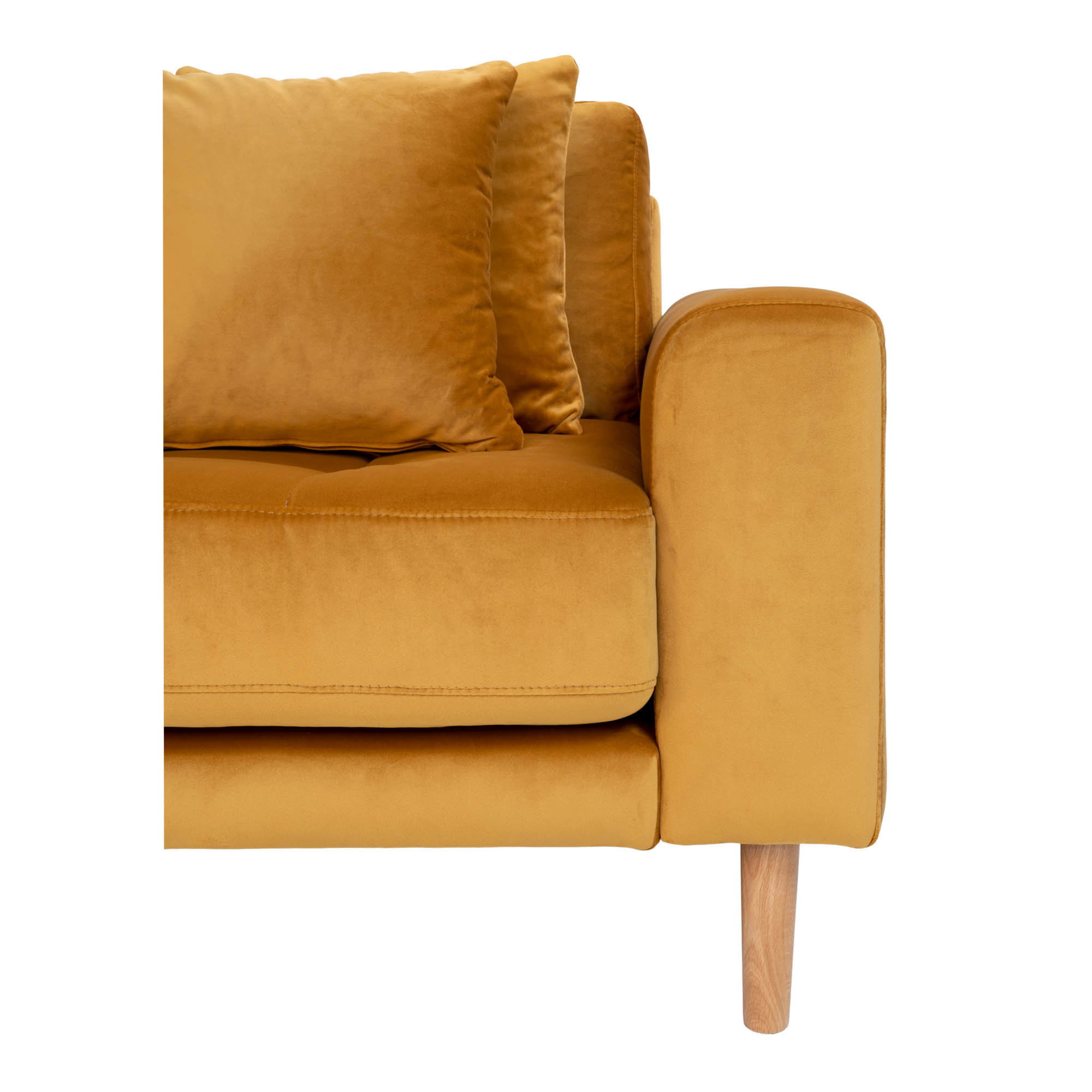 Lido Loungesofa, venstrevendt i sennepsgul velour med fire puder og natur træben, HN1004 - Billede 3