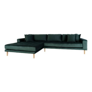 Alternative view of Lido Loungesofa, venstrevendt i mørkegrøn velour med fire puder og natur træben,  HN1006