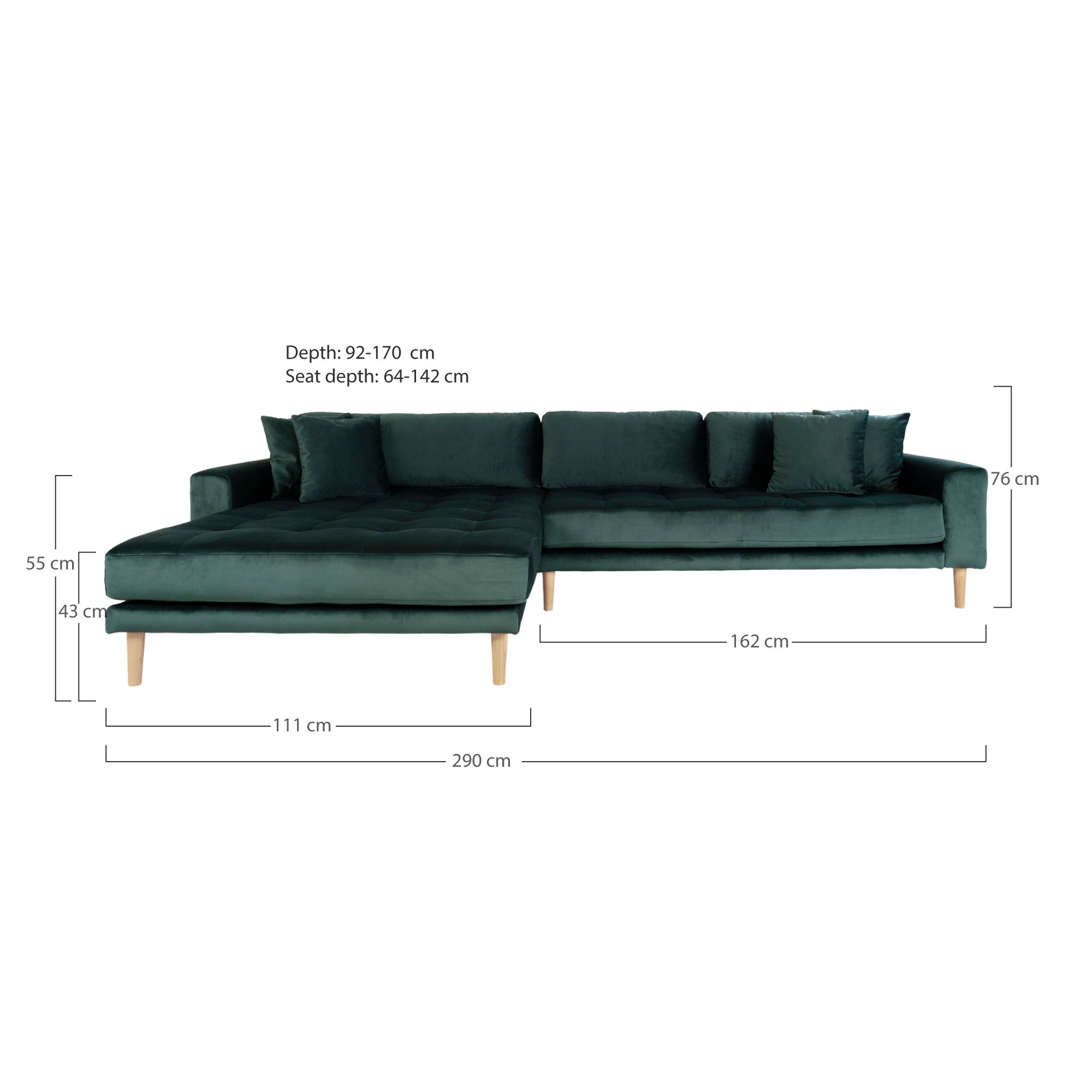 Lido Loungesofa, venstrevendt i mørkegrøn velour med fire puder og natur træben, HN1006 - Billede 4