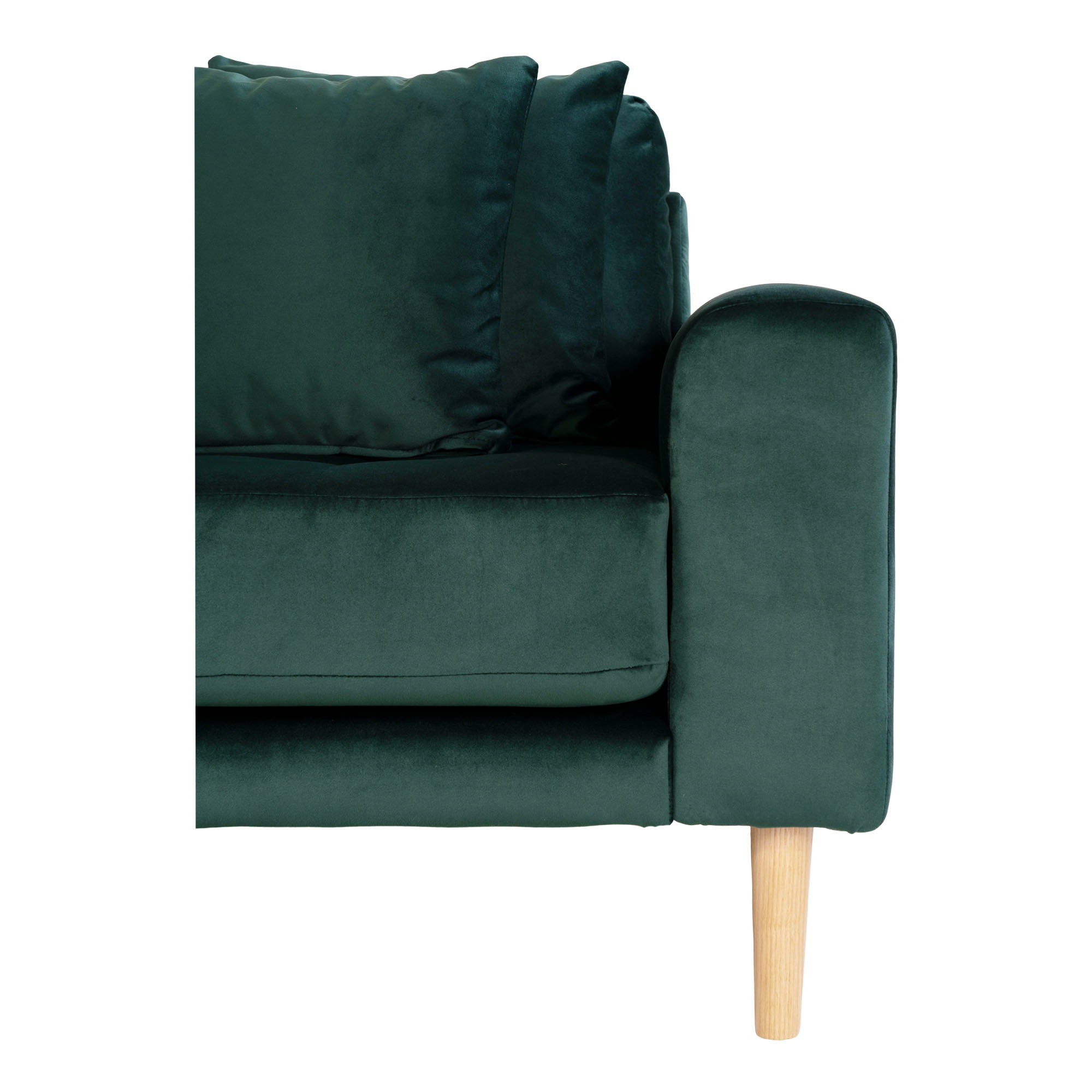 Lido Loungesofa, venstrevendt i mørkegrøn velour med fire puder og natur træben, HN1006 - Billede 3