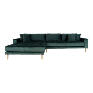 Lido Loungesofa, venstrevendt i mørkegrøn velour med fire puder og natur træben, HN1006