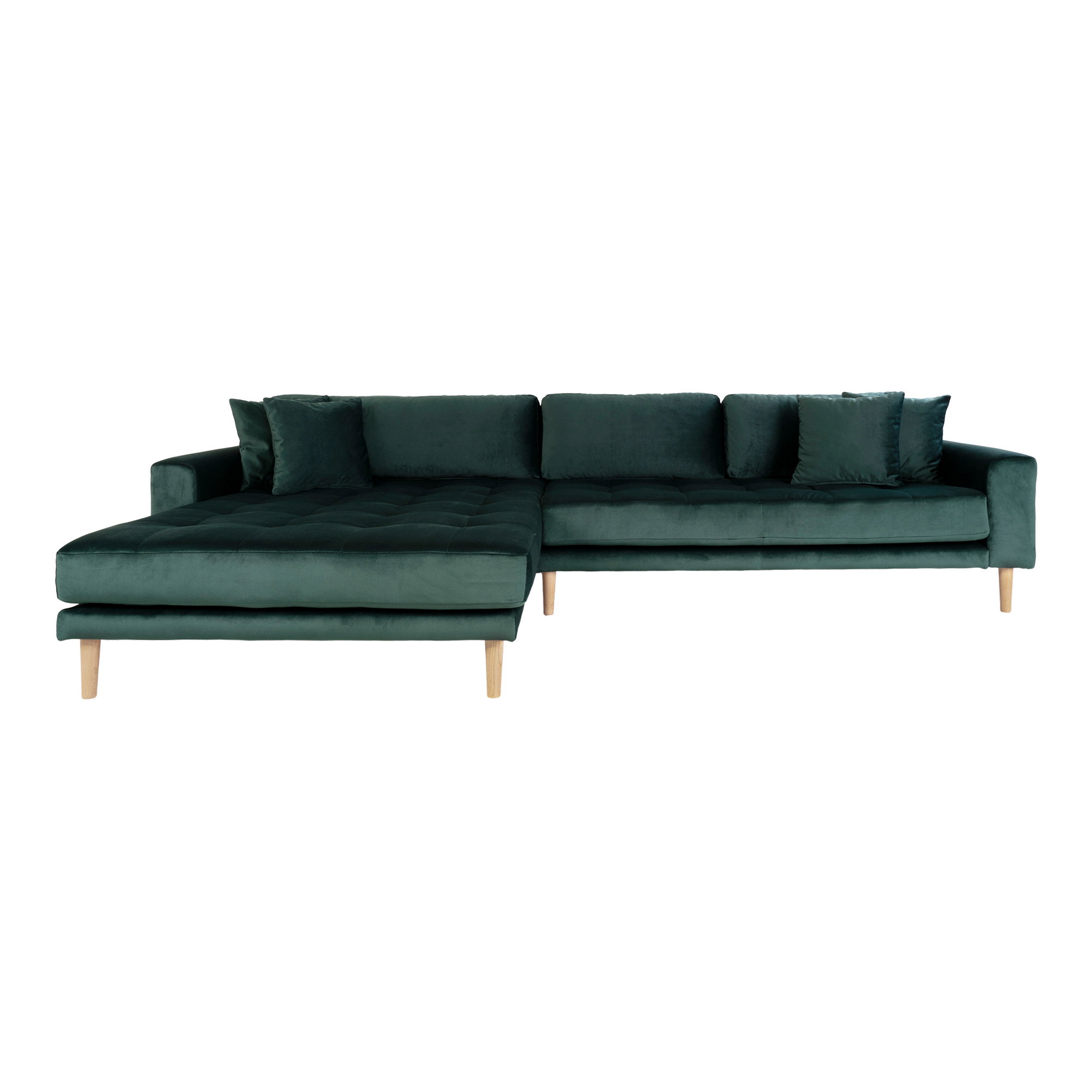 Lido Loungesofa, venstrevendt i mørkegrøn velour med fire puder og natur træben, HN1006