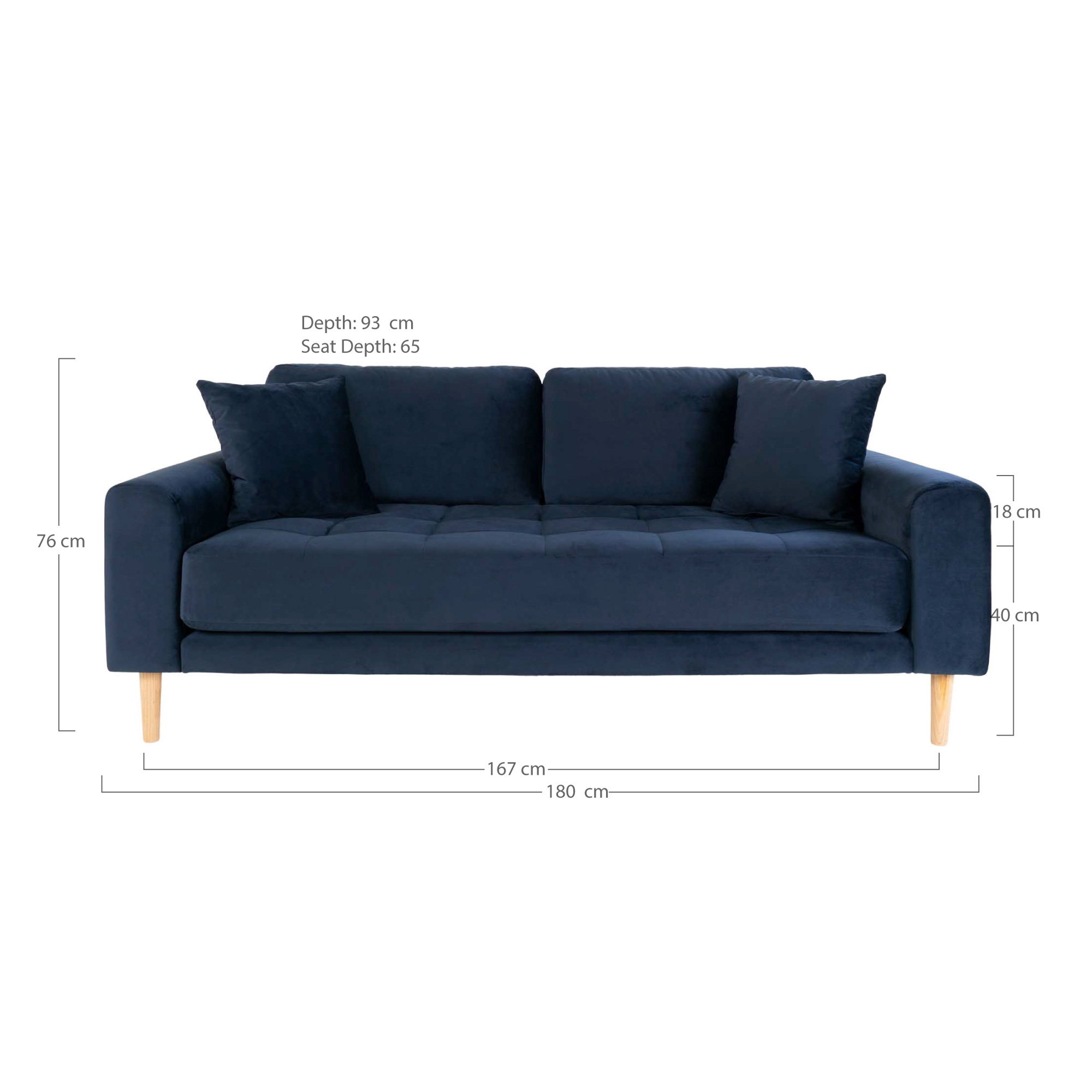 Lido 2,5 Personers Sofa, mørkeblå velour med to puder og natur træben, HN1005 - Billede 5