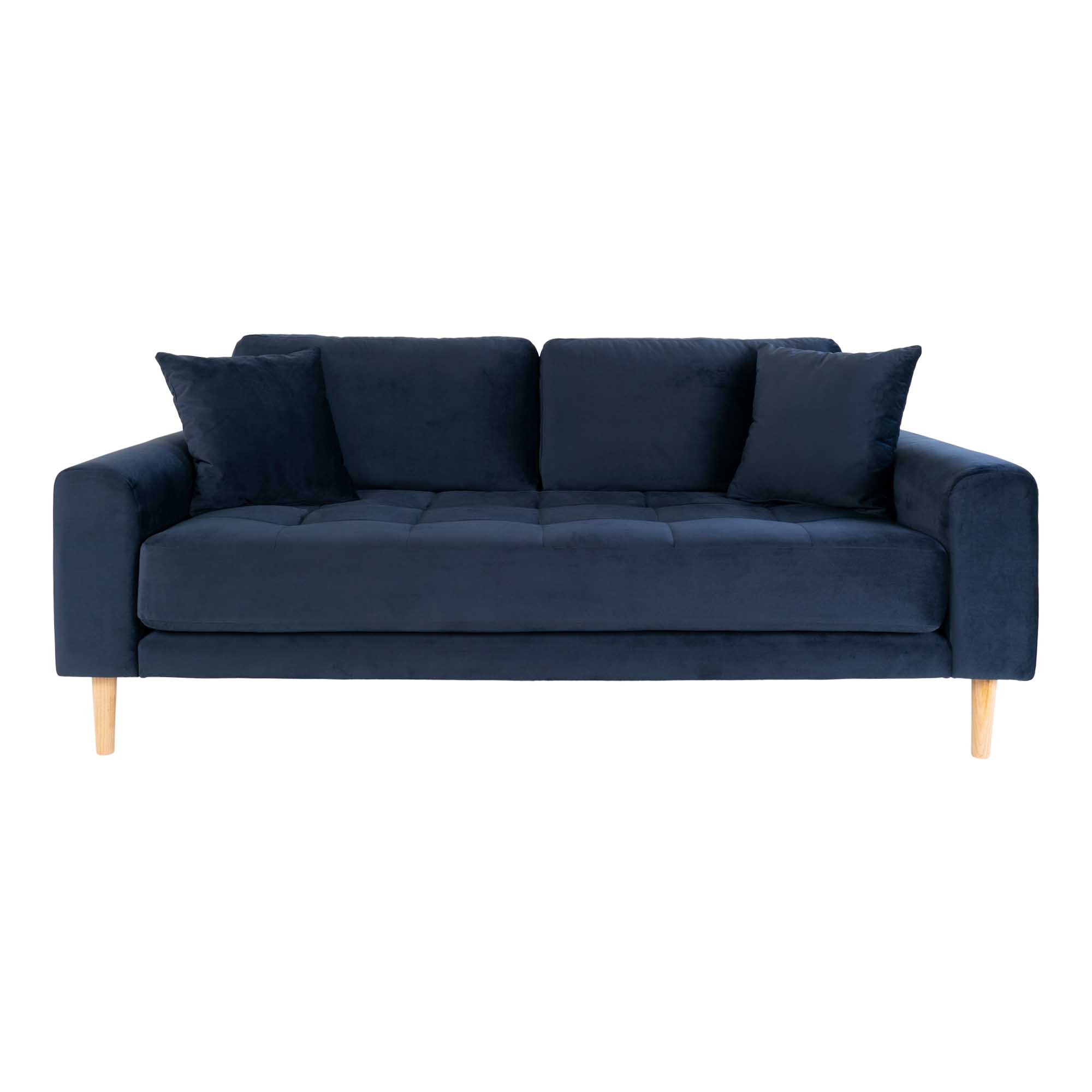 Lido 2,5 Personers Sofa, mørkeblå velour med to puder og natur træben, HN1005