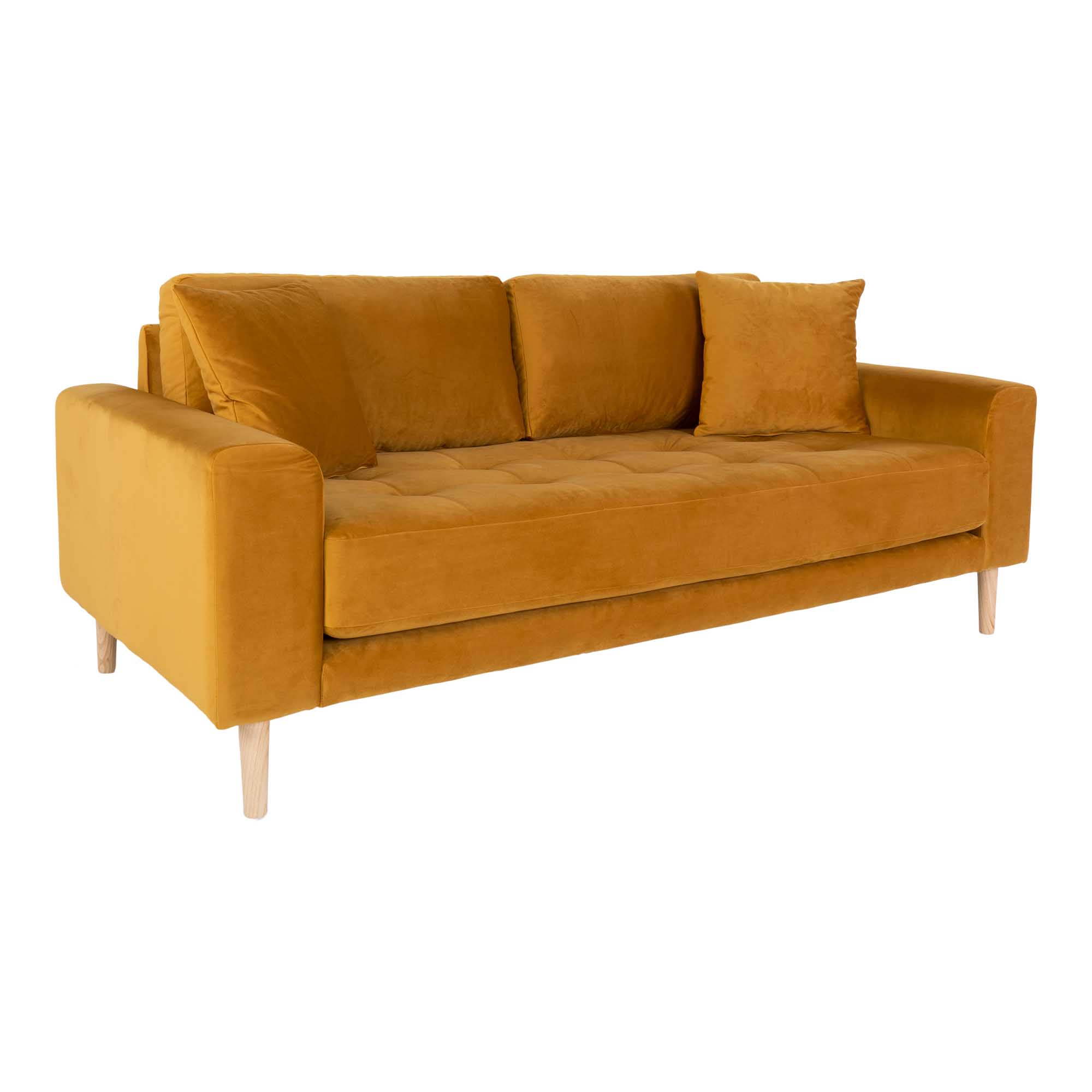 Lido 2,5 Personers Sofa, sennepsgul velour med to puder og natur træben, HN1004 - Billede 2