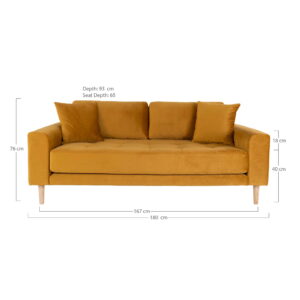 Lido 2,5 Personers Sofa, sennepsgul velour med to puder og natur træben, HN1004 - Billede 5