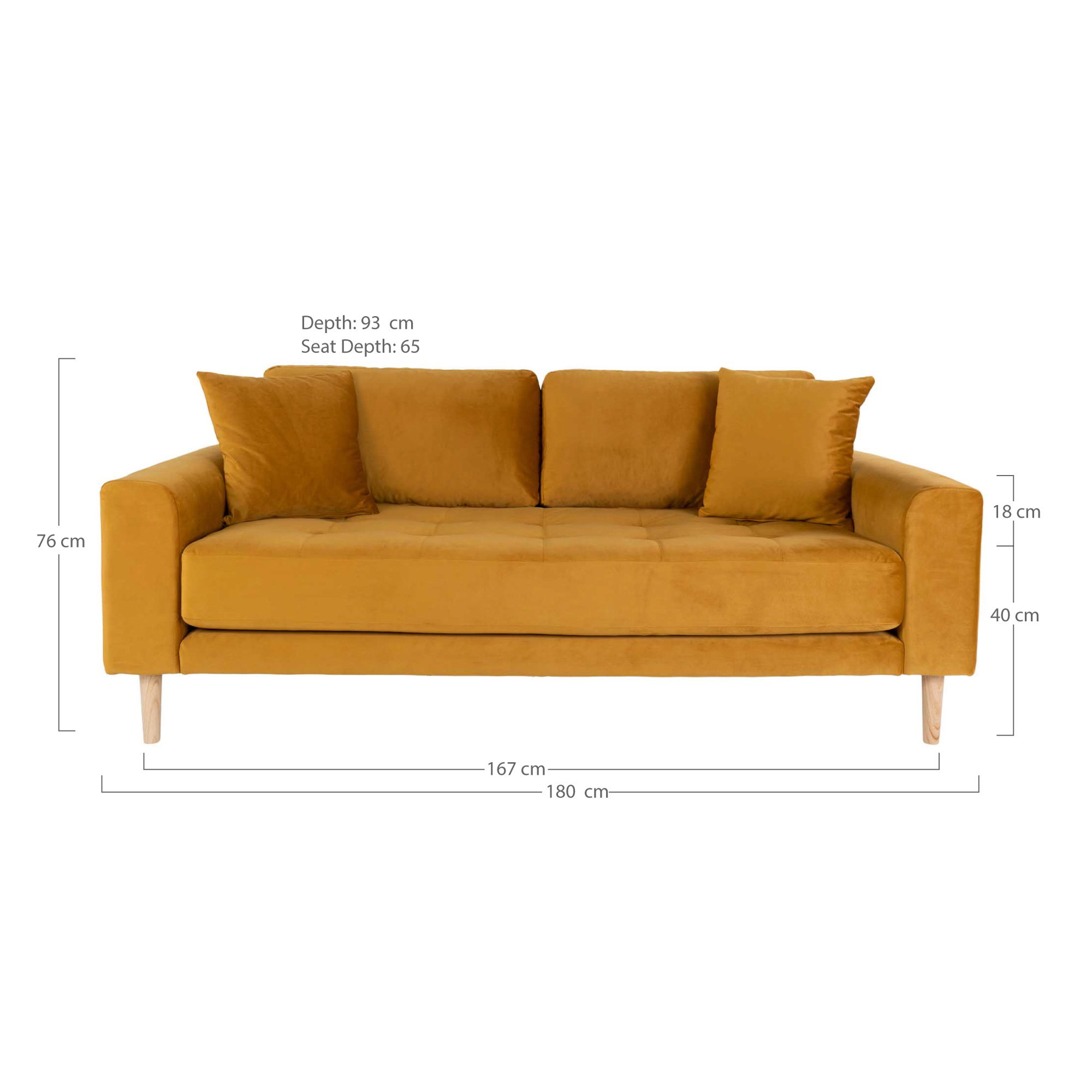 Lido 2,5 Personers Sofa, sennepsgul velour med to puder og natur træben, HN1004 - Billede 5