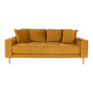 Lido 2,5 Personers Sofa, sennepsgul velour med to puder og natur træben, HN1004