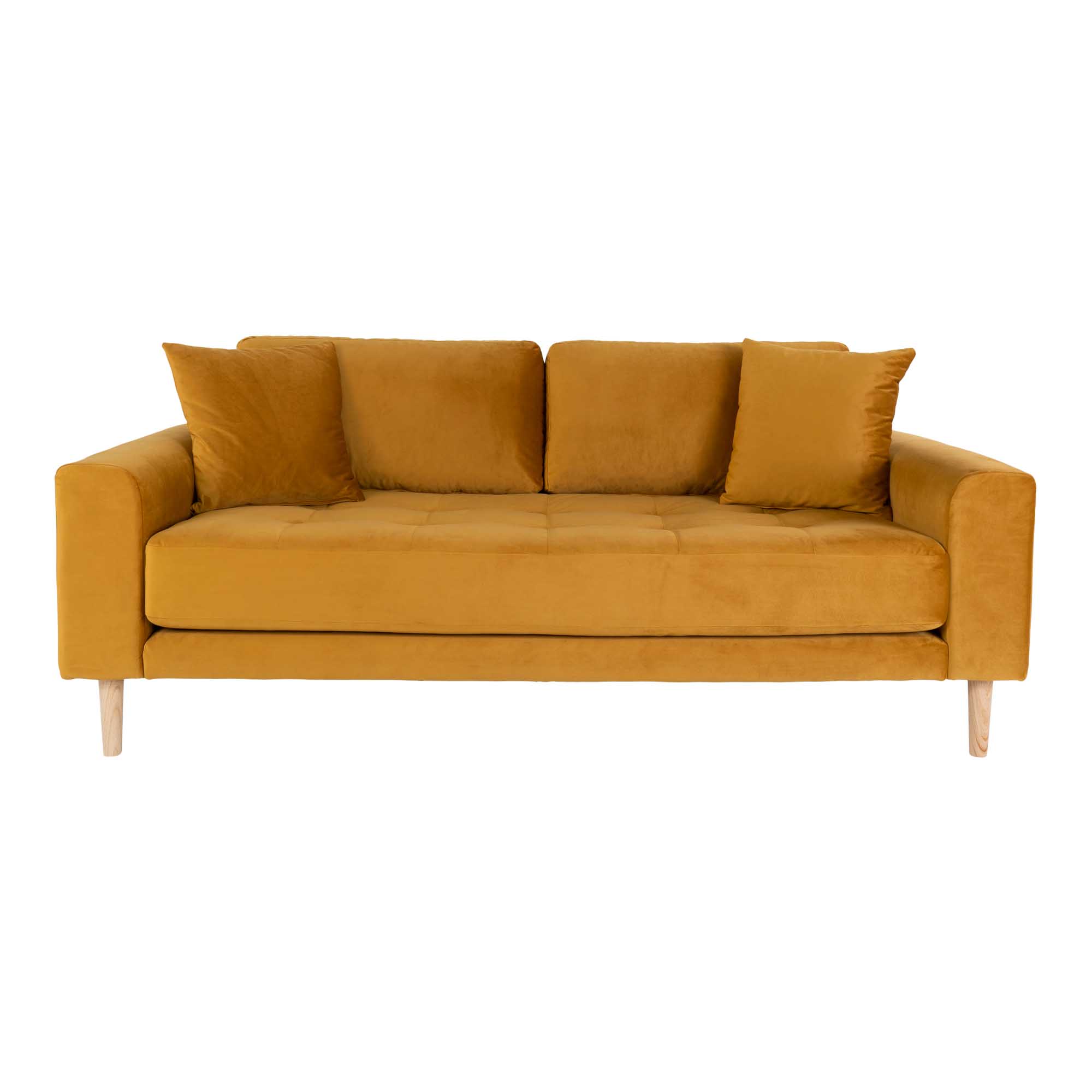 Lido 2,5 Personers Sofa, sennepsgul velour med to puder og natur træben, HN1004