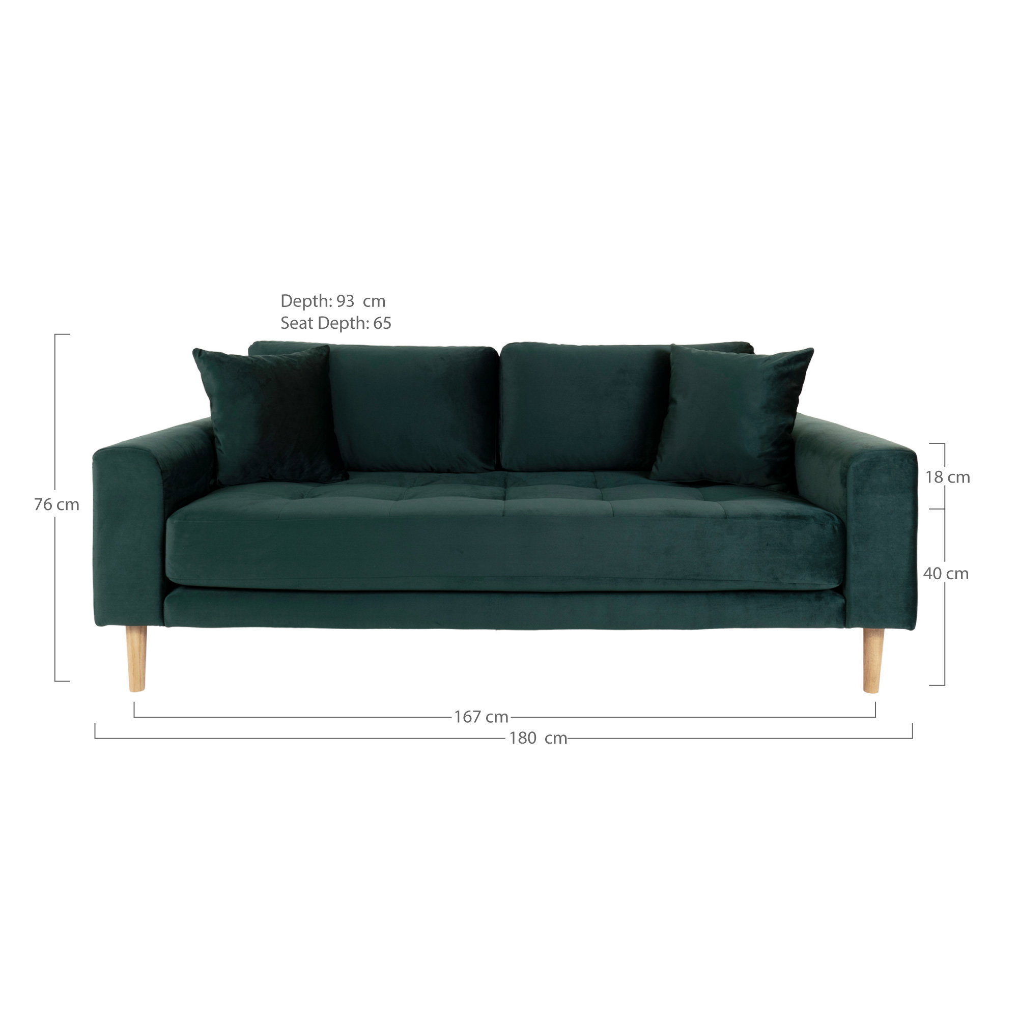 Lido 2,5 Personers Sofa, mørkegrøn velour med to puder og natur træben, HN1006 - Billede 5