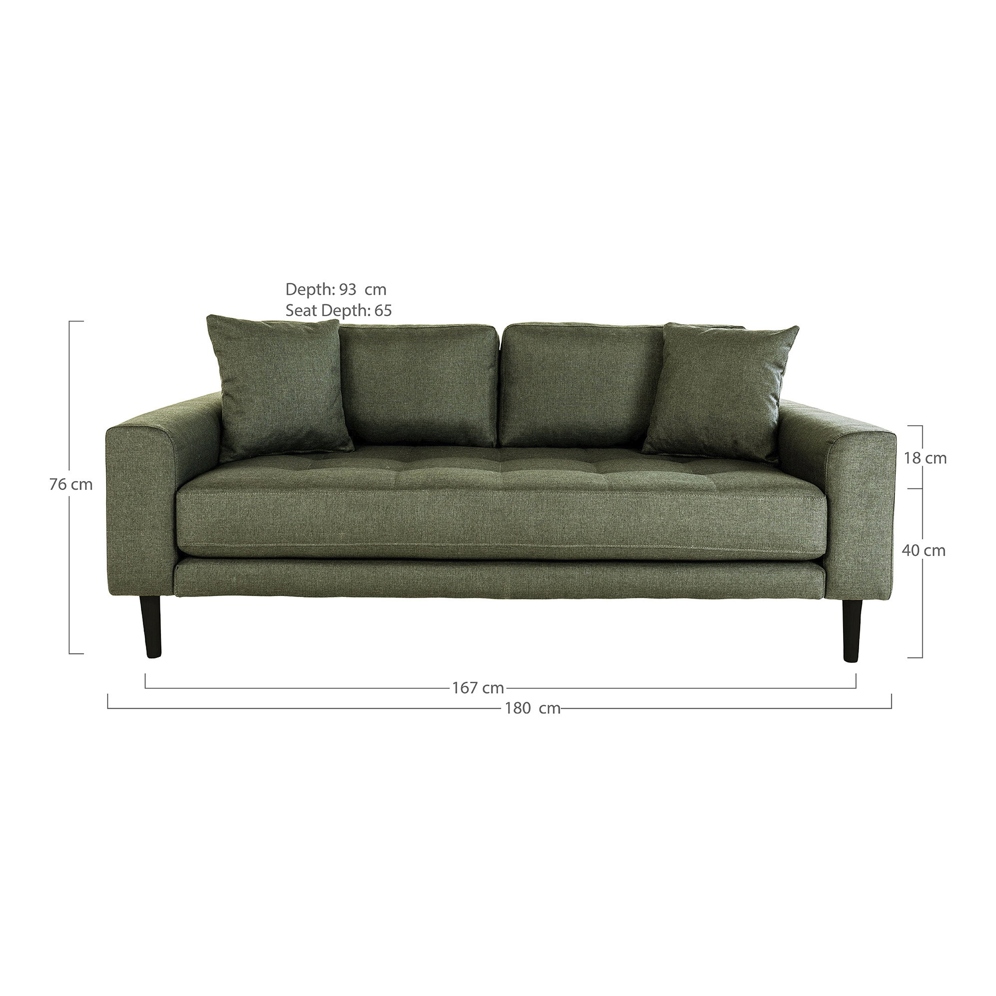 Lido 2,5 Personers Sofa, olivengrøn med to puder og sorte træben, HN1020 - Billede 2