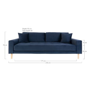 Lido 3 Personers Sofa, mørkeblå velour med to puder og natur træben, HN1005 - Billede 5
