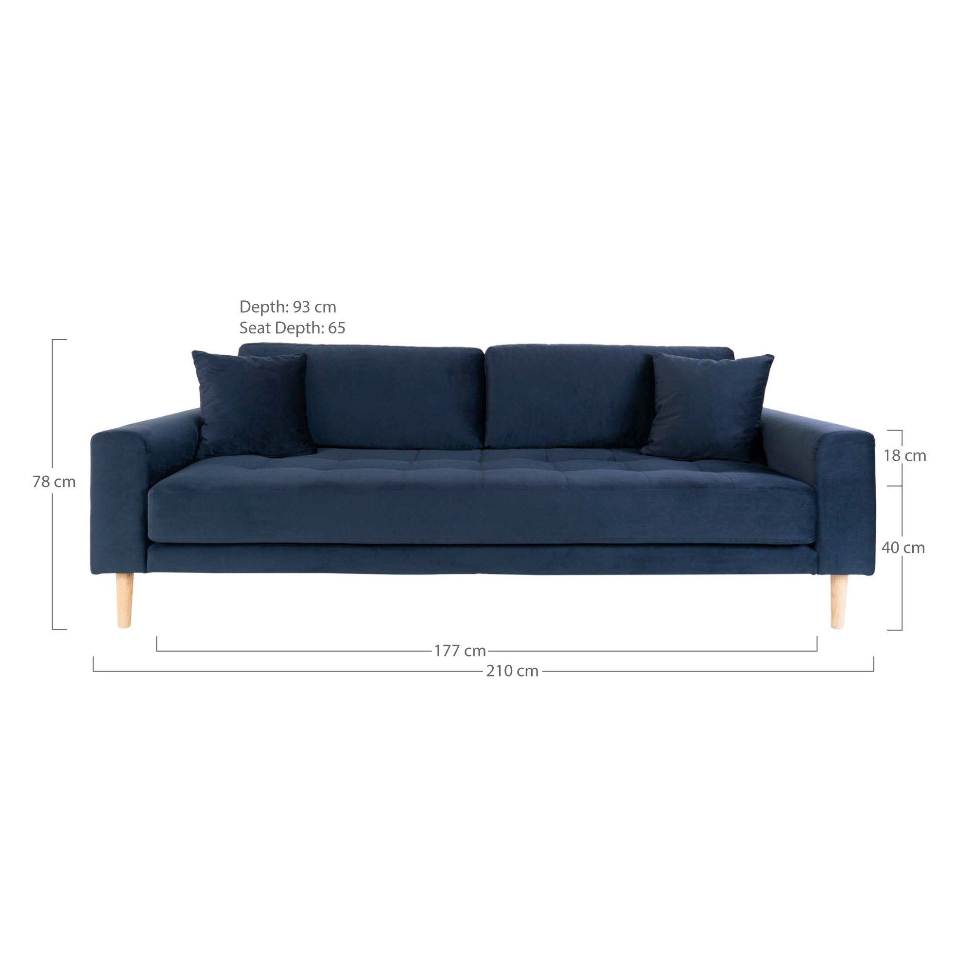 Lido 3 Personers Sofa, mørkeblå velour med to puder og natur træben, HN1005 - Billede 5