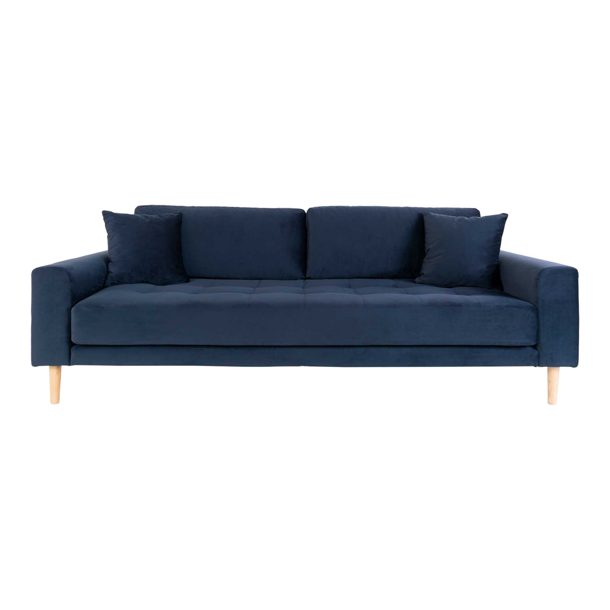 Lido 3 Personers Sofa, mørkeblå velour med to puder og natur træben, HN1005