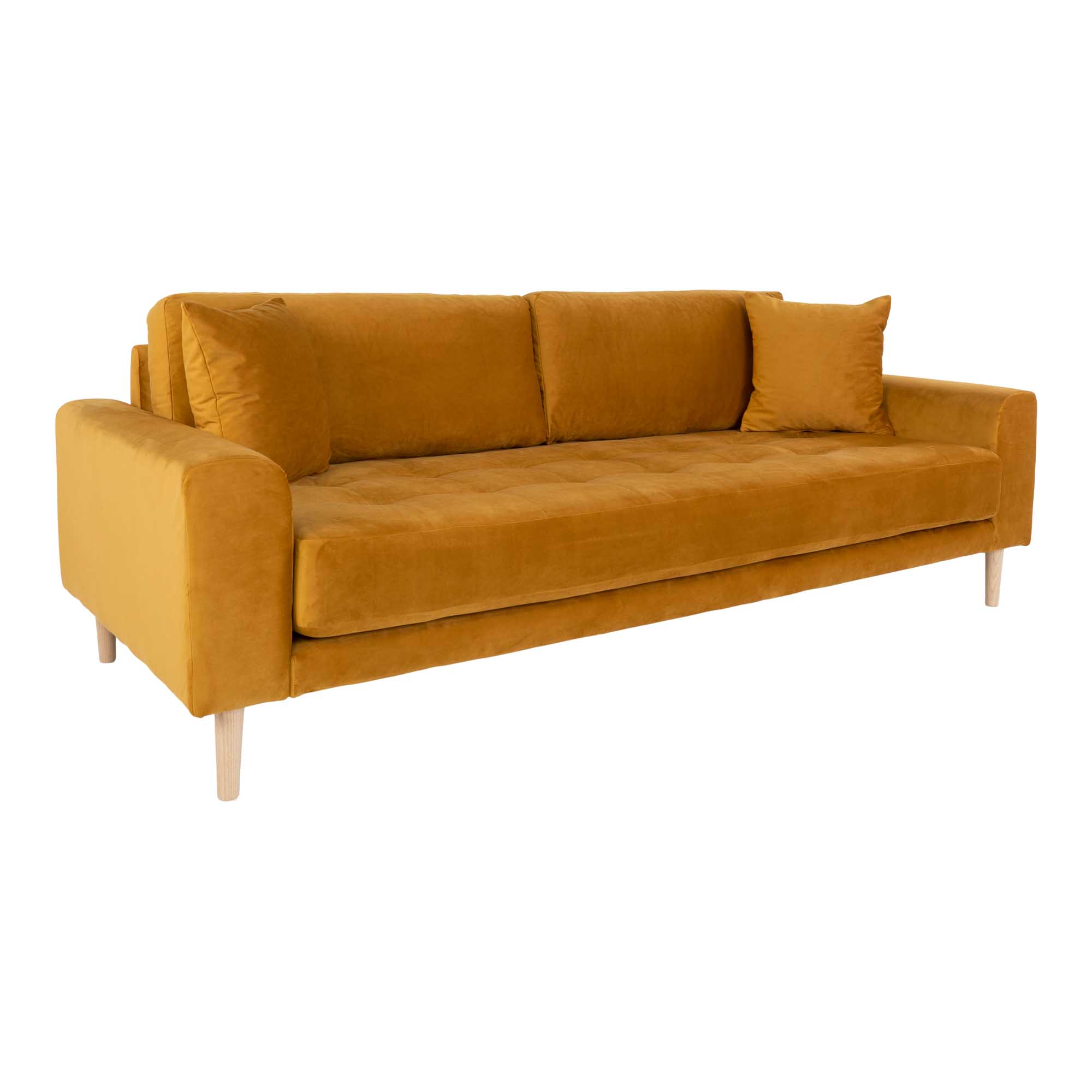 Lido 3 Personers Sofa, sennepsgul velour med to puder og natur træben, HN1004 - Billede 2