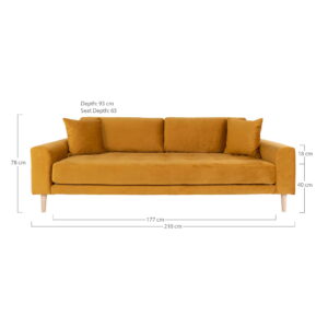 Lido 3 Personers Sofa, sennepsgul velour med to puder og natur træben, HN1004 - Billede 5