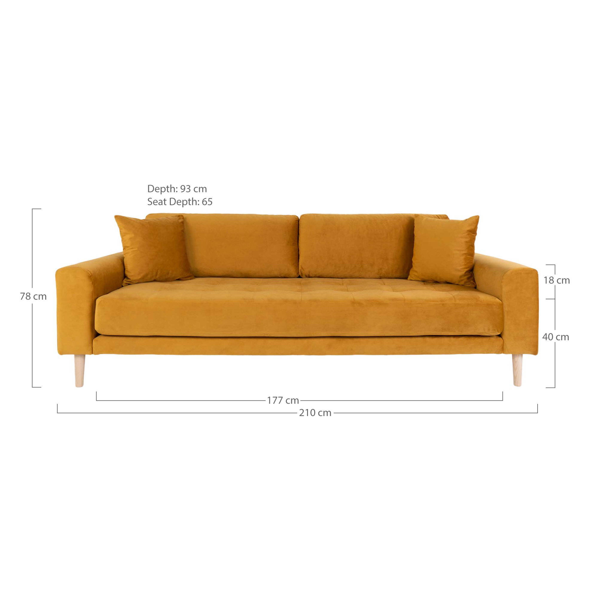 Lido 3 Personers Sofa, sennepsgul velour med to puder og natur træben, HN1004 - Billede 5