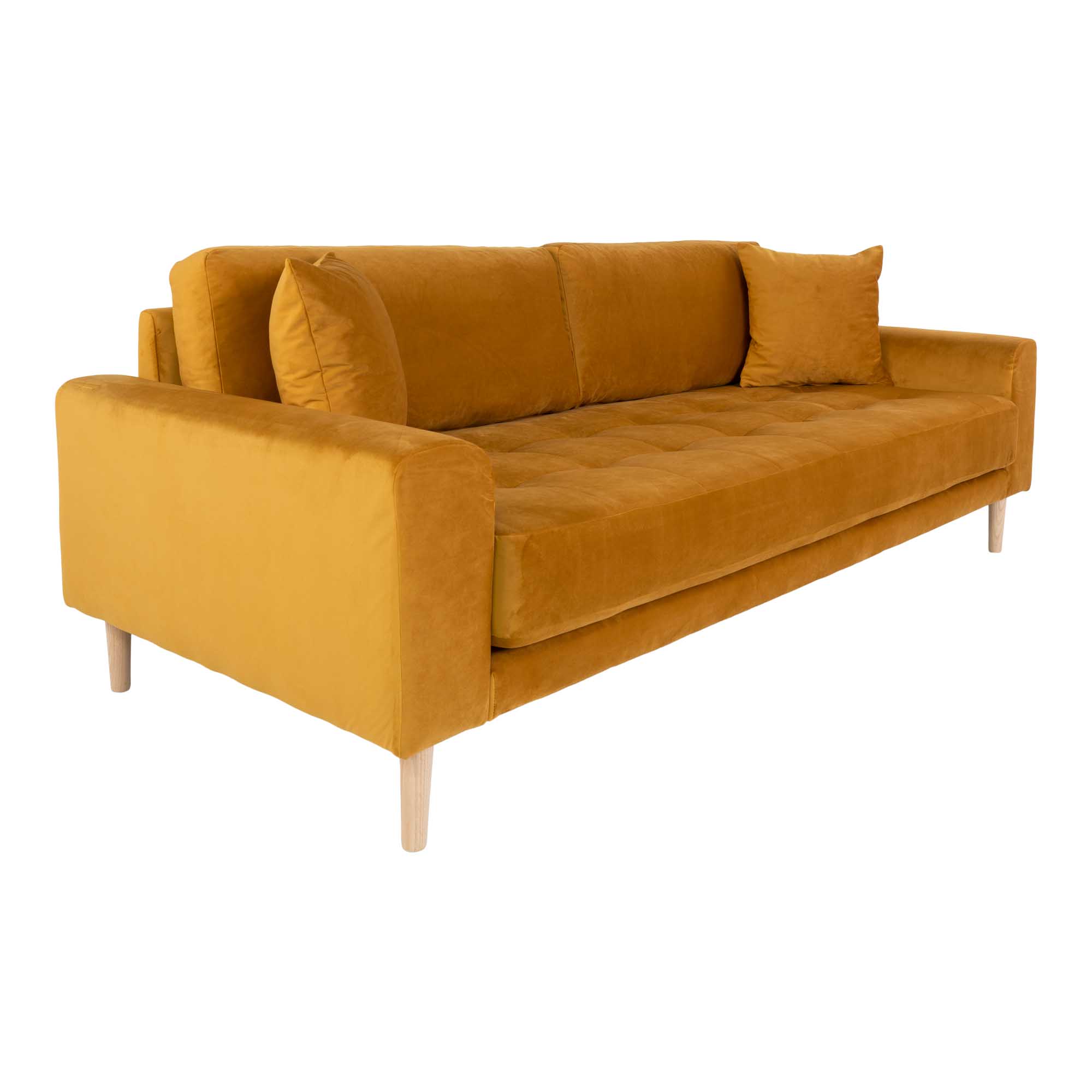 Lido 3 Personers Sofa, sennepsgul velour med to puder og natur træben, HN1004 - Billede 3