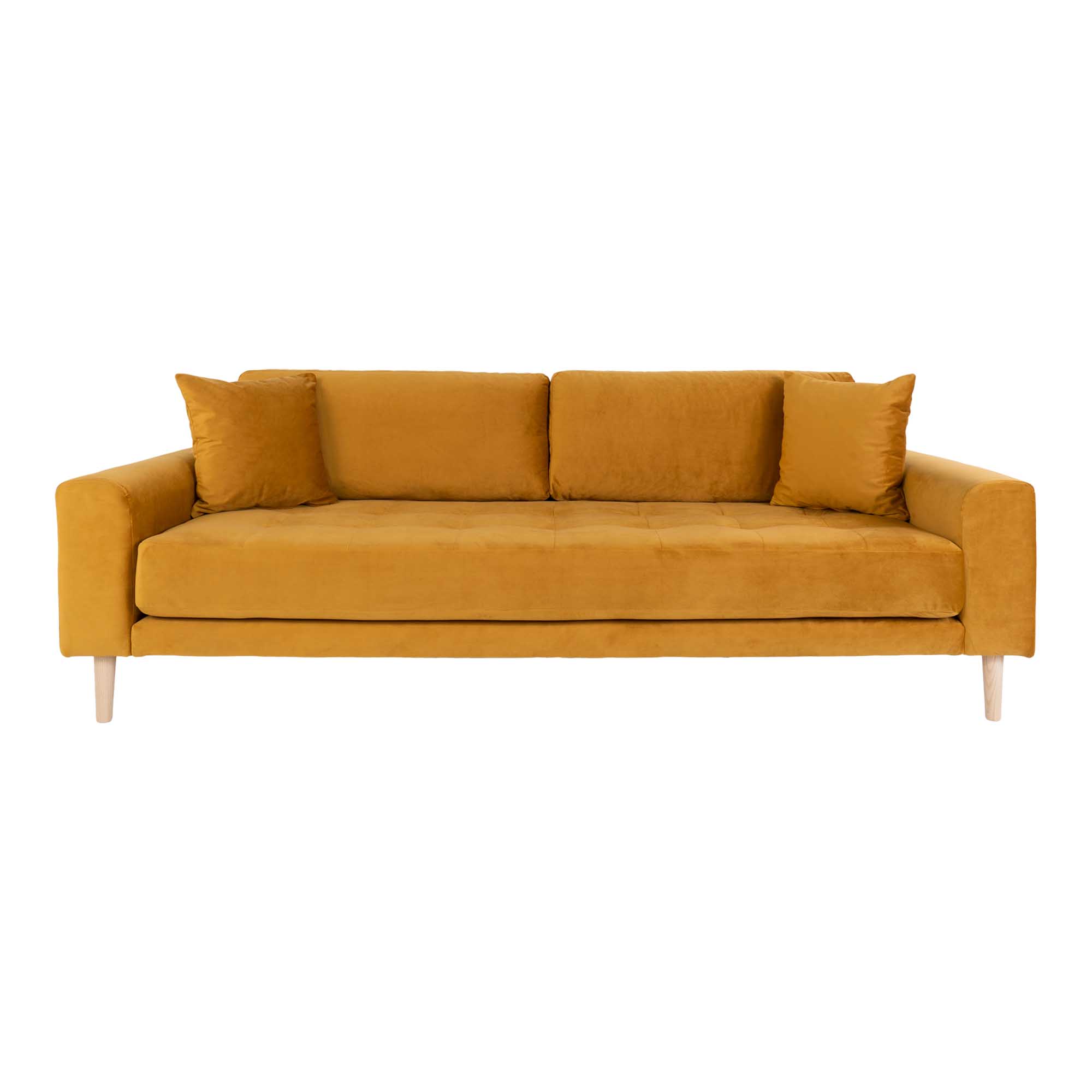 Lido 3 Personers Sofa, sennepsgul velour med to puder og natur træben, HN1004