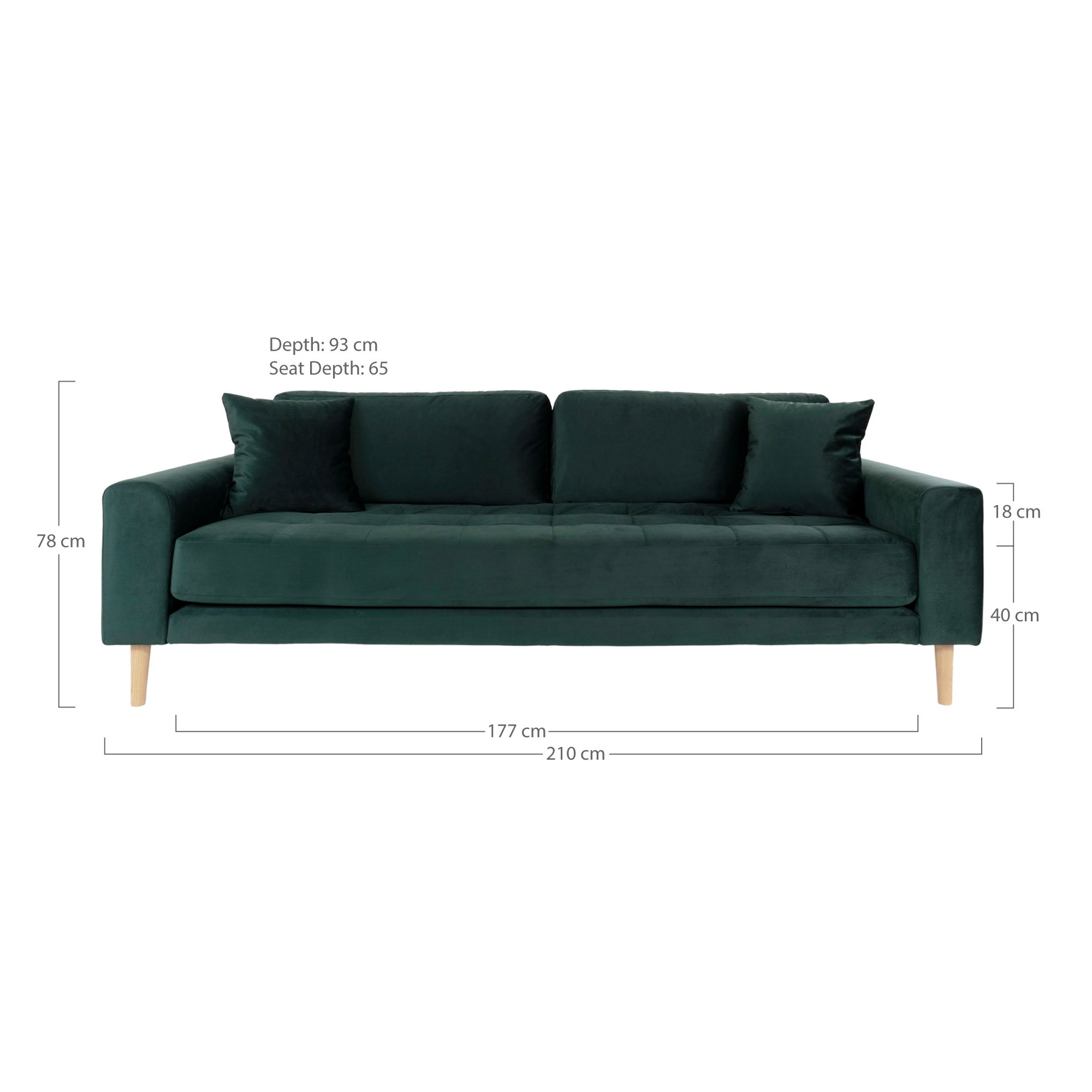 Lido 3 Personers Sofa, mørkegrøn velour med to puder og natur træben, HN1006 - Billede 5