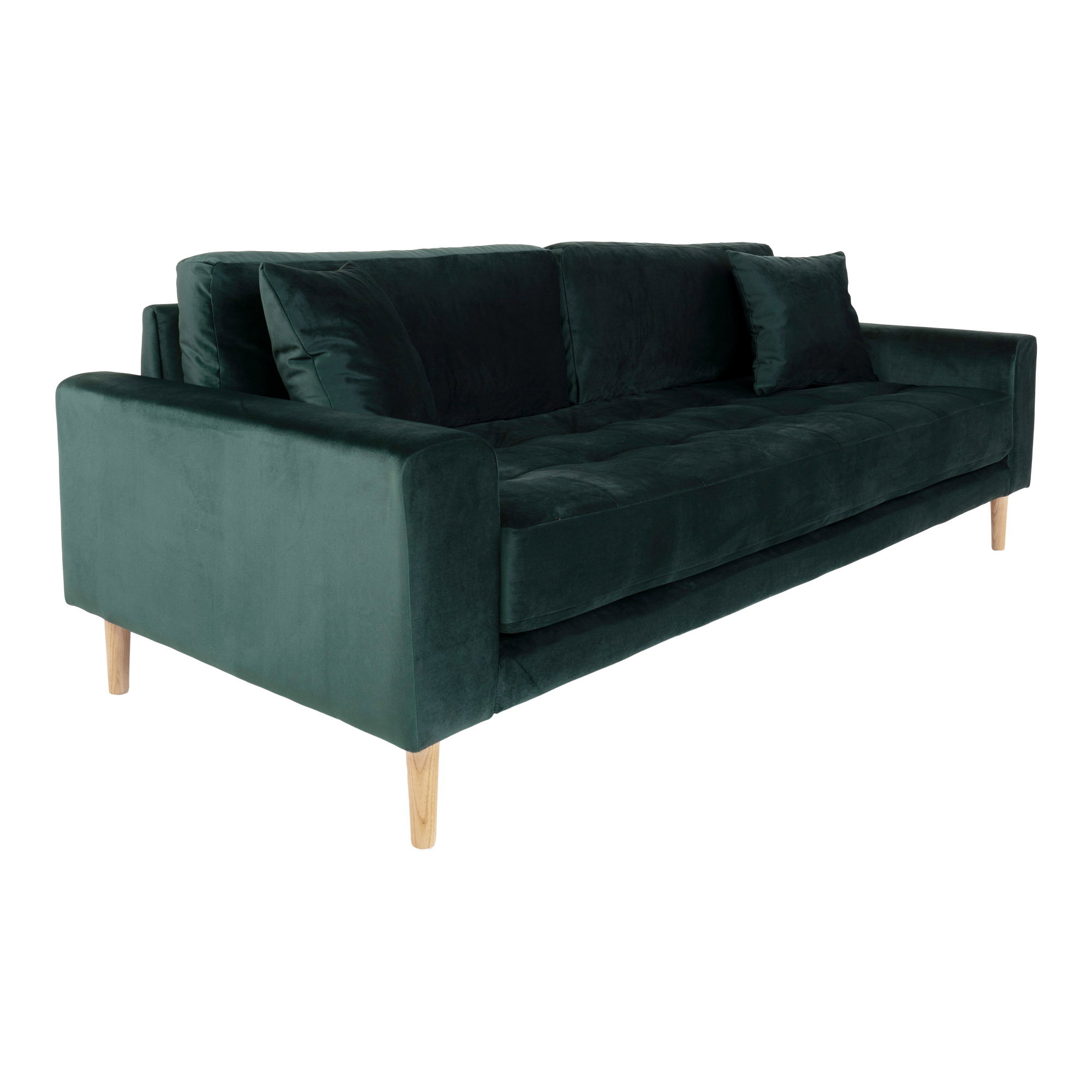 Lido 3 Personers Sofa, mørkegrøn velour med to puder og natur træben, HN1006 - Billede 3