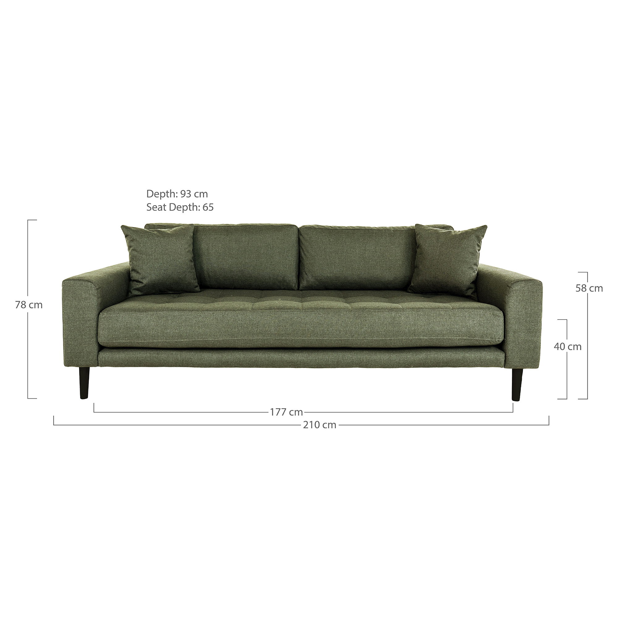Lido 3 Personers Sofa, olivengrøn med to puder og sorte træbnen, HN1020 - Billede 2