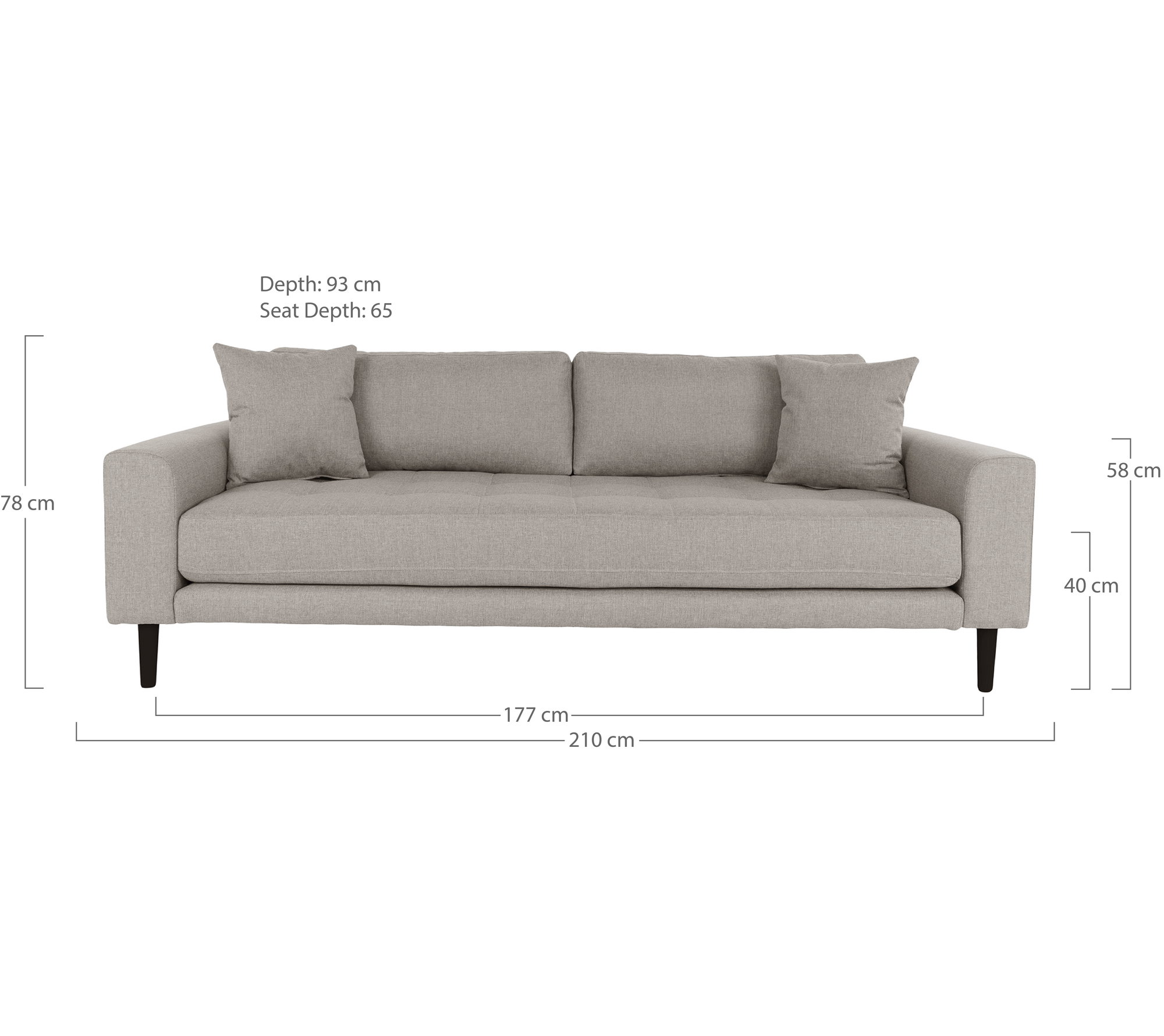 Lido 3 Personers Sofa, stone med to puder og sorte træben, HN1030 - Billede 2