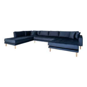 Alternative view of Lido U-Sofa Åben Ende i velour, højrevendt i mørkeblå med fire puder med natur træben, HN1005
