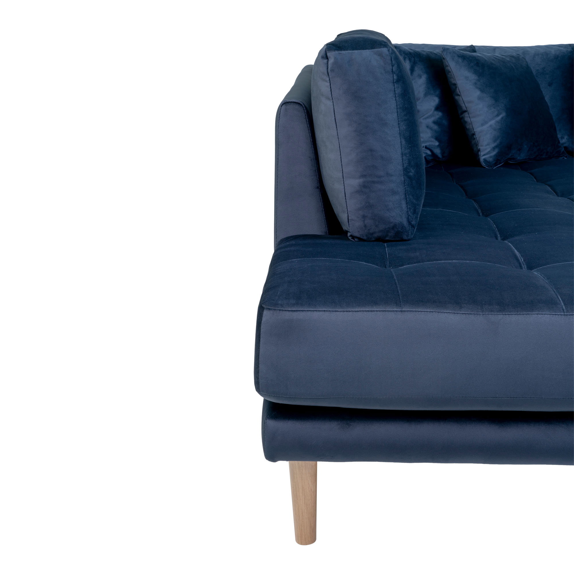 Lido U-Sofa Åben Ende i velour, højrevendt i mørkeblå med fire puder med natur træben, HN1005 - Billede 4