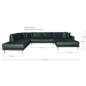 Alternative view of Lido U-Sofa Åben Ende, højrevendt i mørkegrøn velour med fire puder og natur træben, HN1006