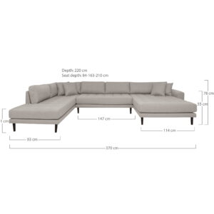Alternative view of Lido U-Sofa Åben Ende, højrevendt i stone  med  fire puder og sorte træben, HN1030