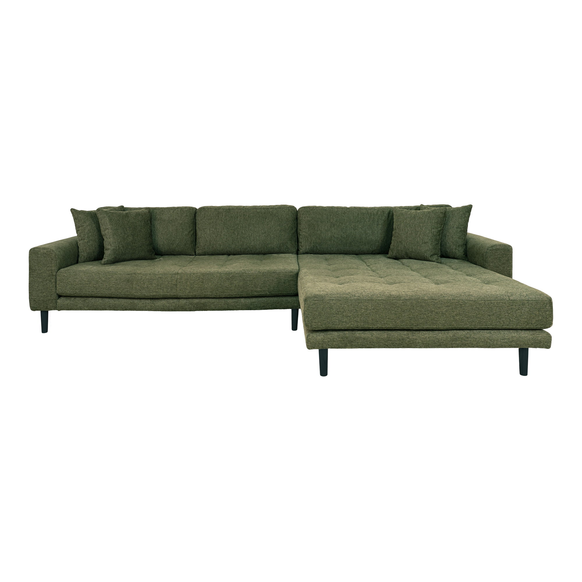 Lido Loungesofa, højrevendt i olivengrøn med fire puder og sorte træben, HN1020