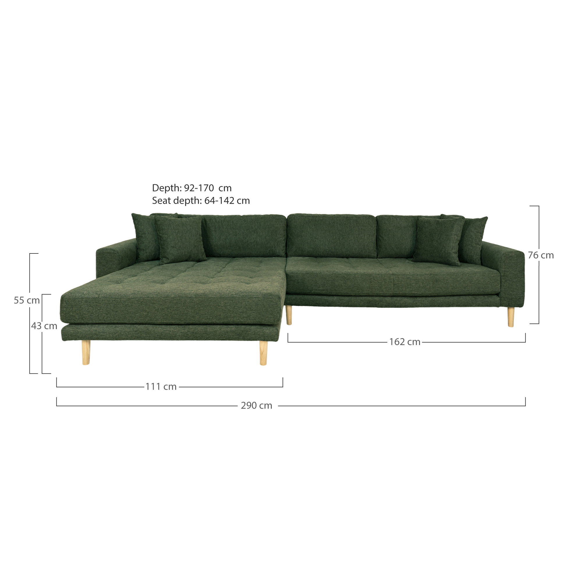 Lido Loungesofa, venstrevendt i olivengrøn med fire puder og sorte træben, HN1020 - Billede 4