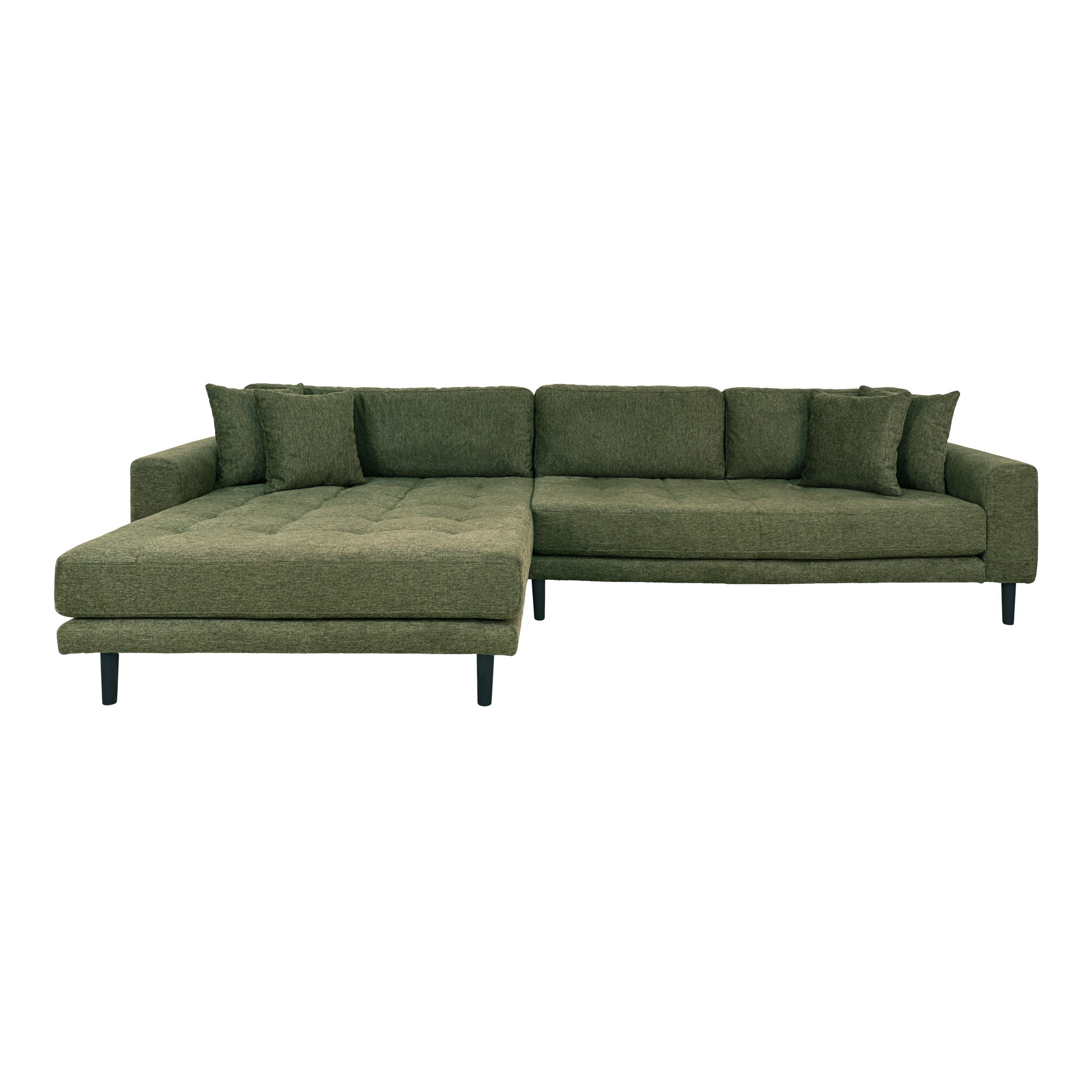 Lido Loungesofa, venstrevendt i olivengrøn med fire puder og sorte træben, HN1020