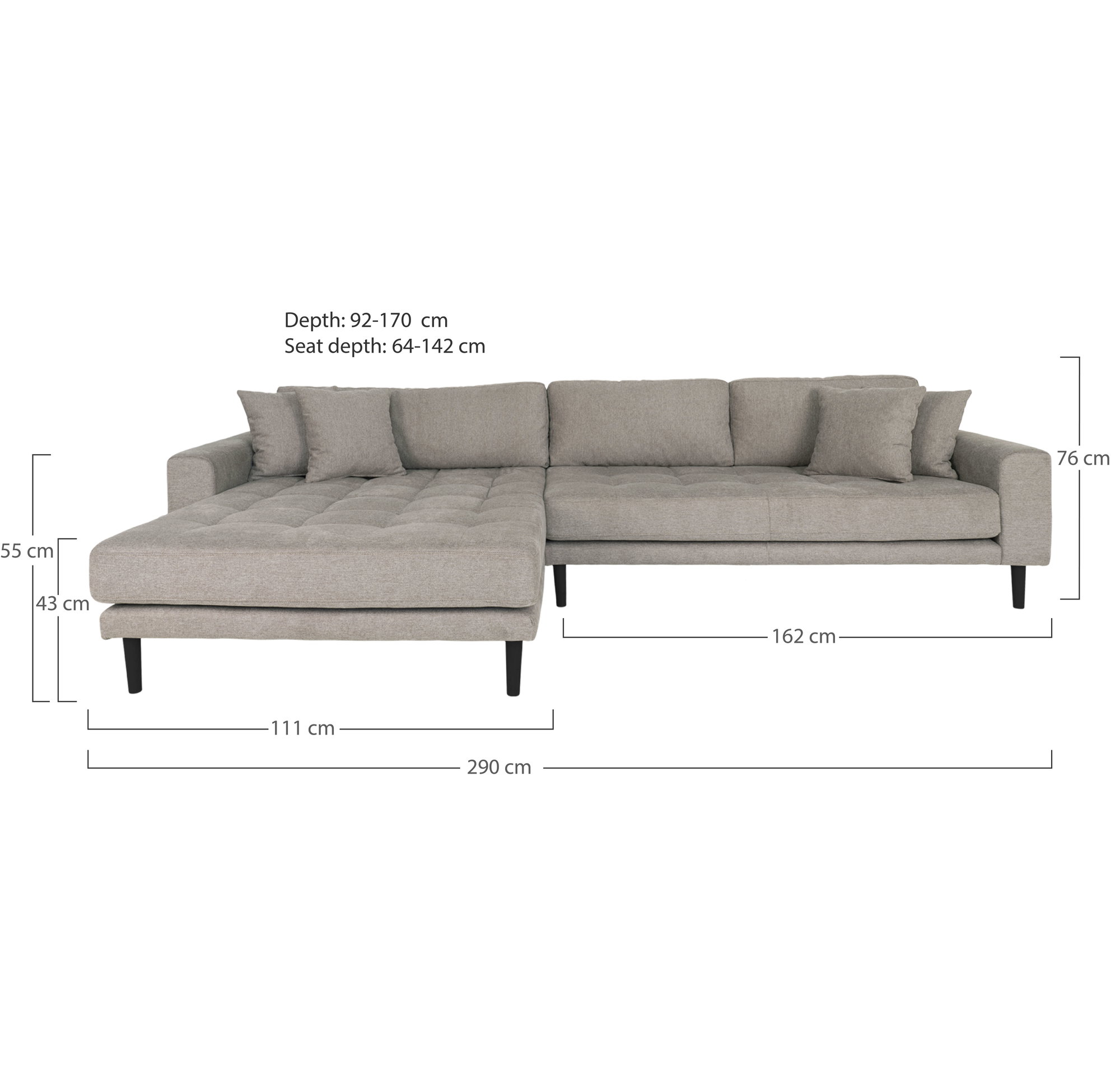Lido Loungesofa, venstrevendt i stone med fire puder and sorte træben, HN1030 - Billede 4