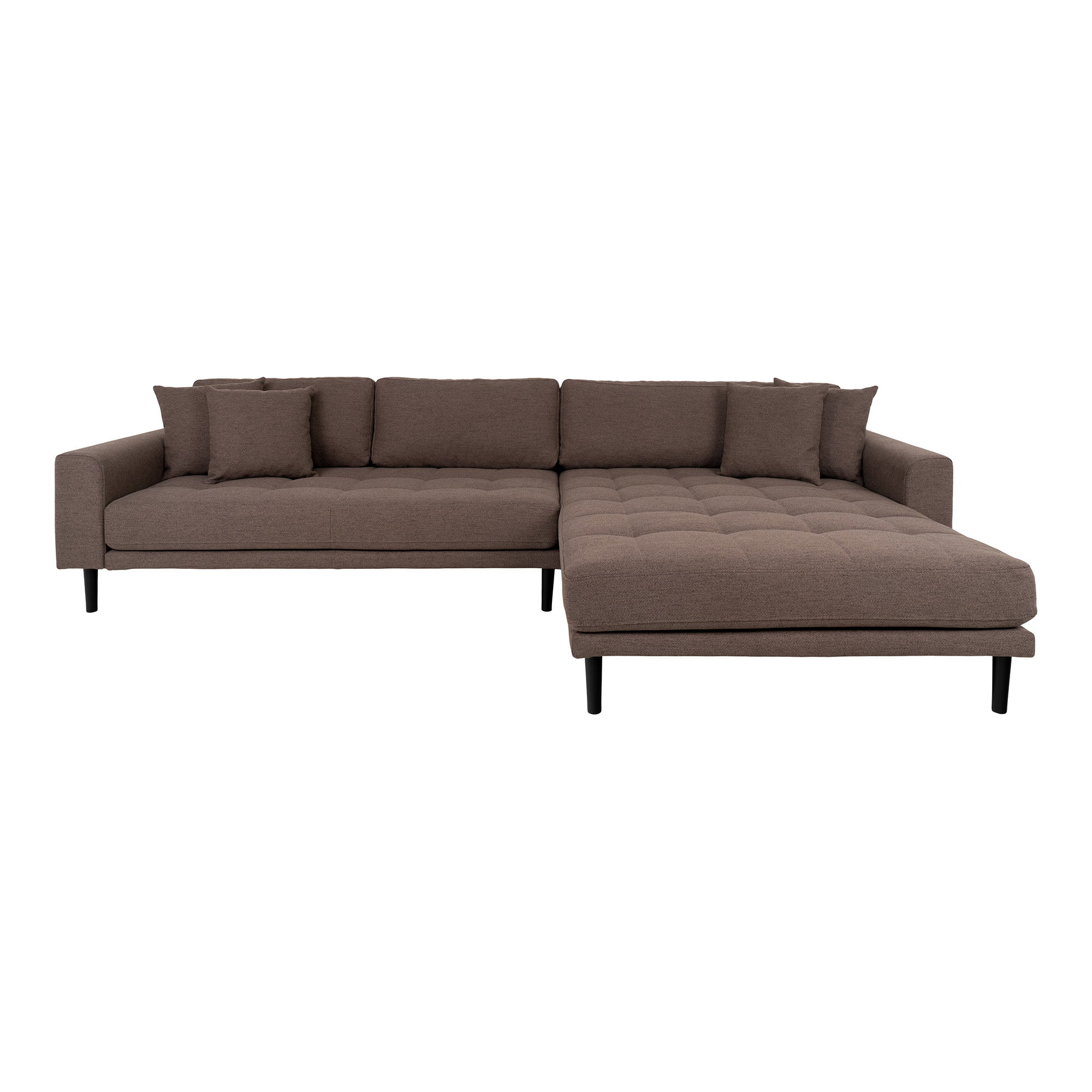 Lido Loungesofa, højrevendt i brun med fire puder og sorte træben, HN1055