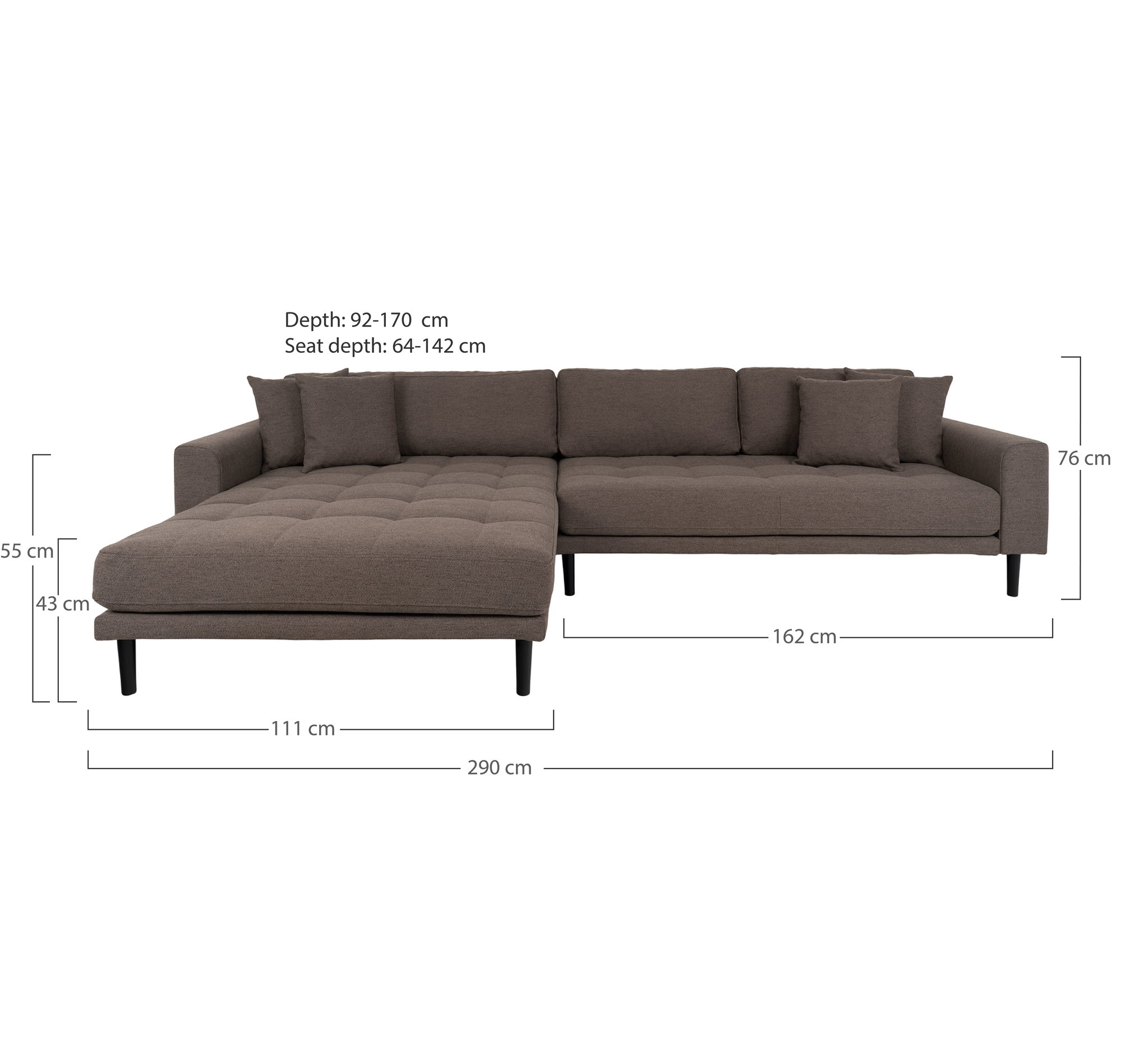 Lido Loungesofa, venstrevendt i brun med fire puder og sorte træben, HN1055 - Billede 4