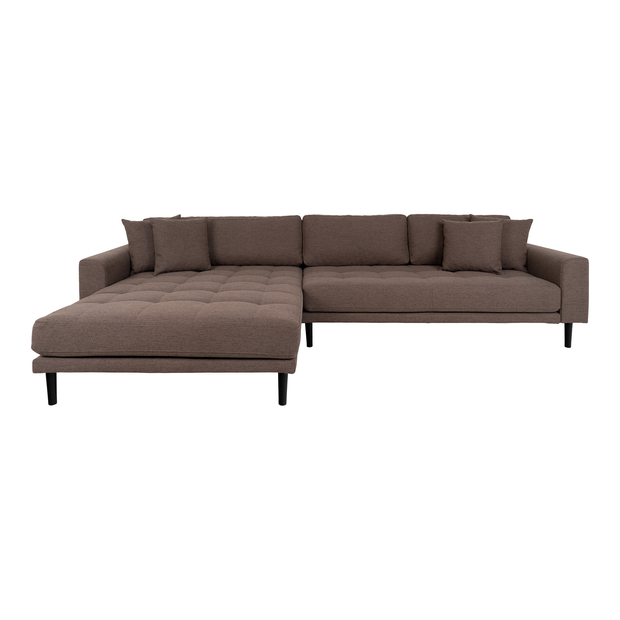 Lido Loungesofa, venstrevendt i brun med fire puder og sorte træben, HN1055