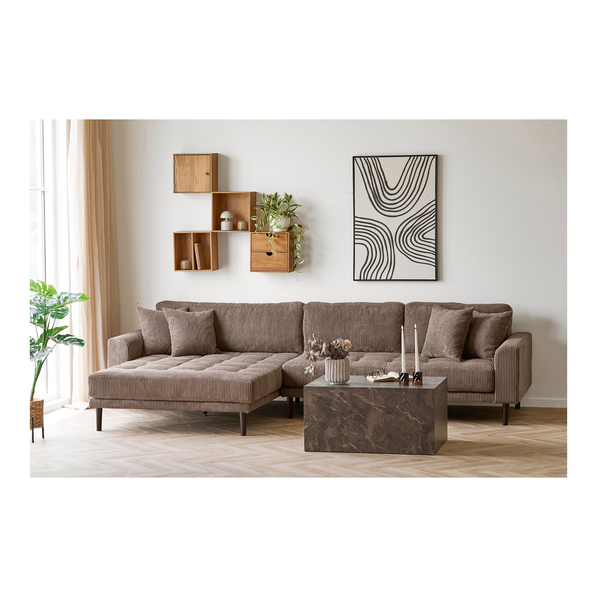 Lido Loungesofa, venstrevendt i brun fløjl med fire puder og sorte træben, HN1423 - Billede 5