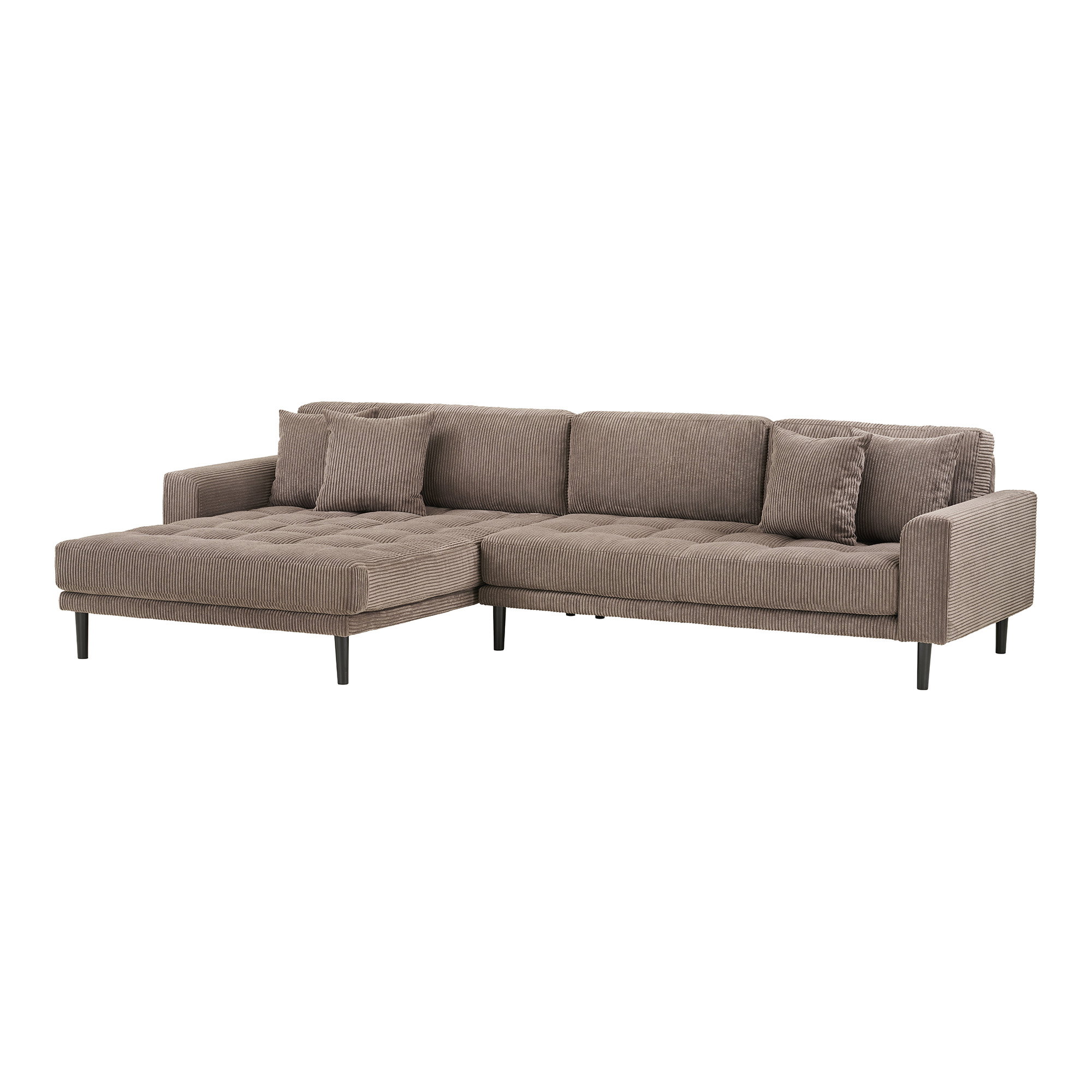 Lido Loungesofa, venstrevendt i brun fløjl med fire puder og sorte træben, HN1423 - Billede 2