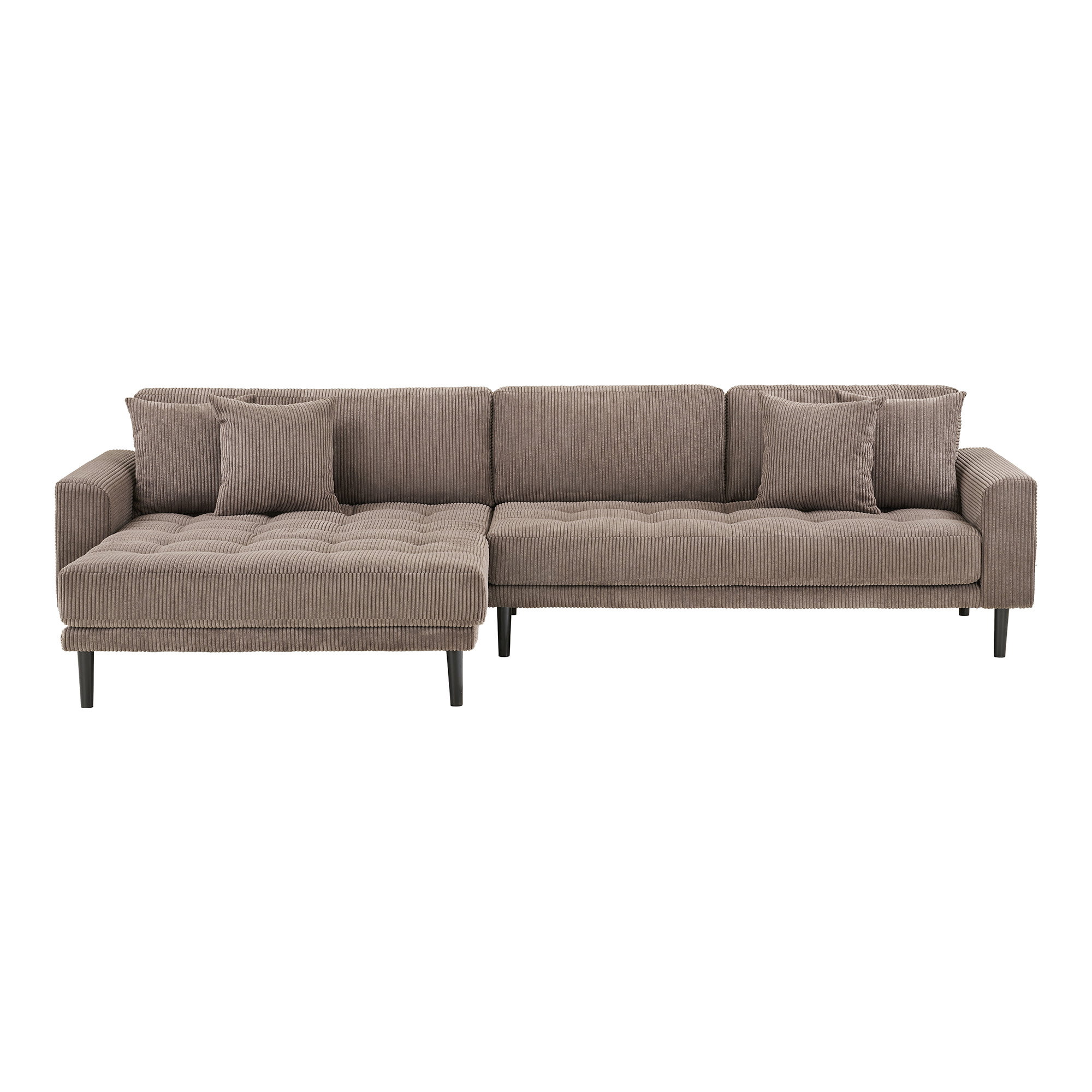 Lido Loungesofa, venstrevendt i brun fløjl med fire puder og sorte træben, HN1423