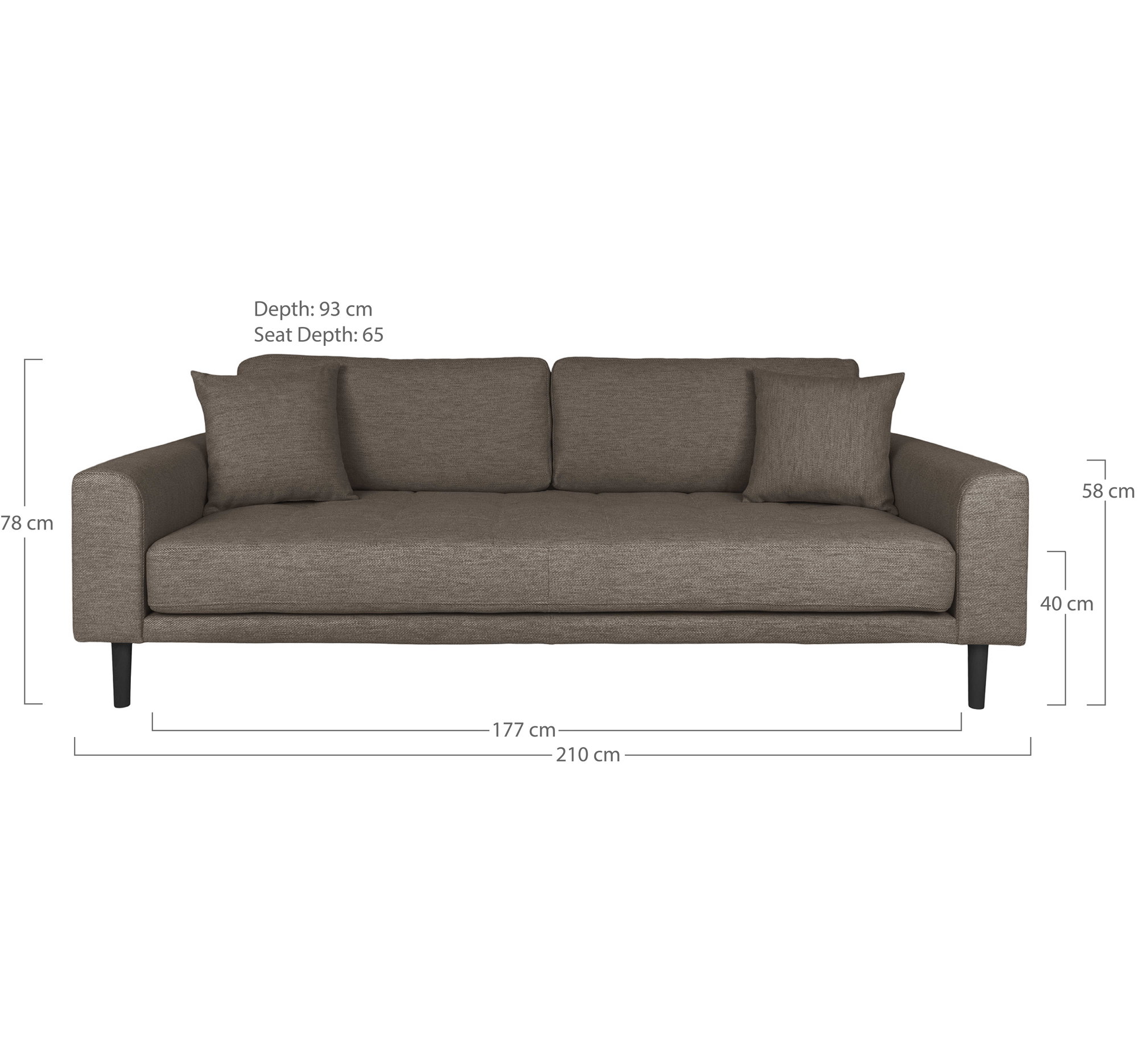 Lido 3 Personers Sofa, brun med to puder og sorte træben, HN1055 - Billede 5
